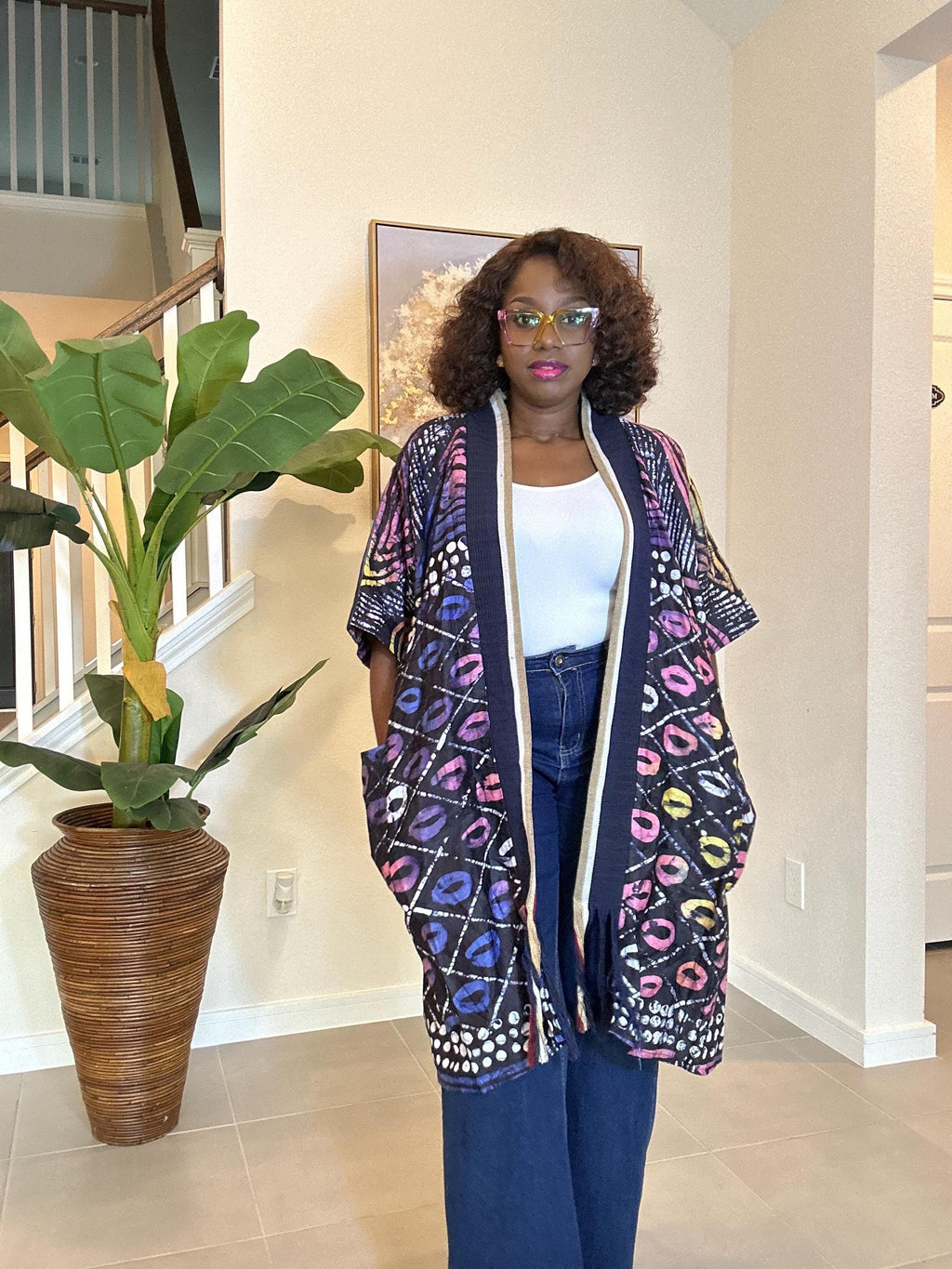 Adire Kimono Jacket | African Print Denim Robe, Open Front