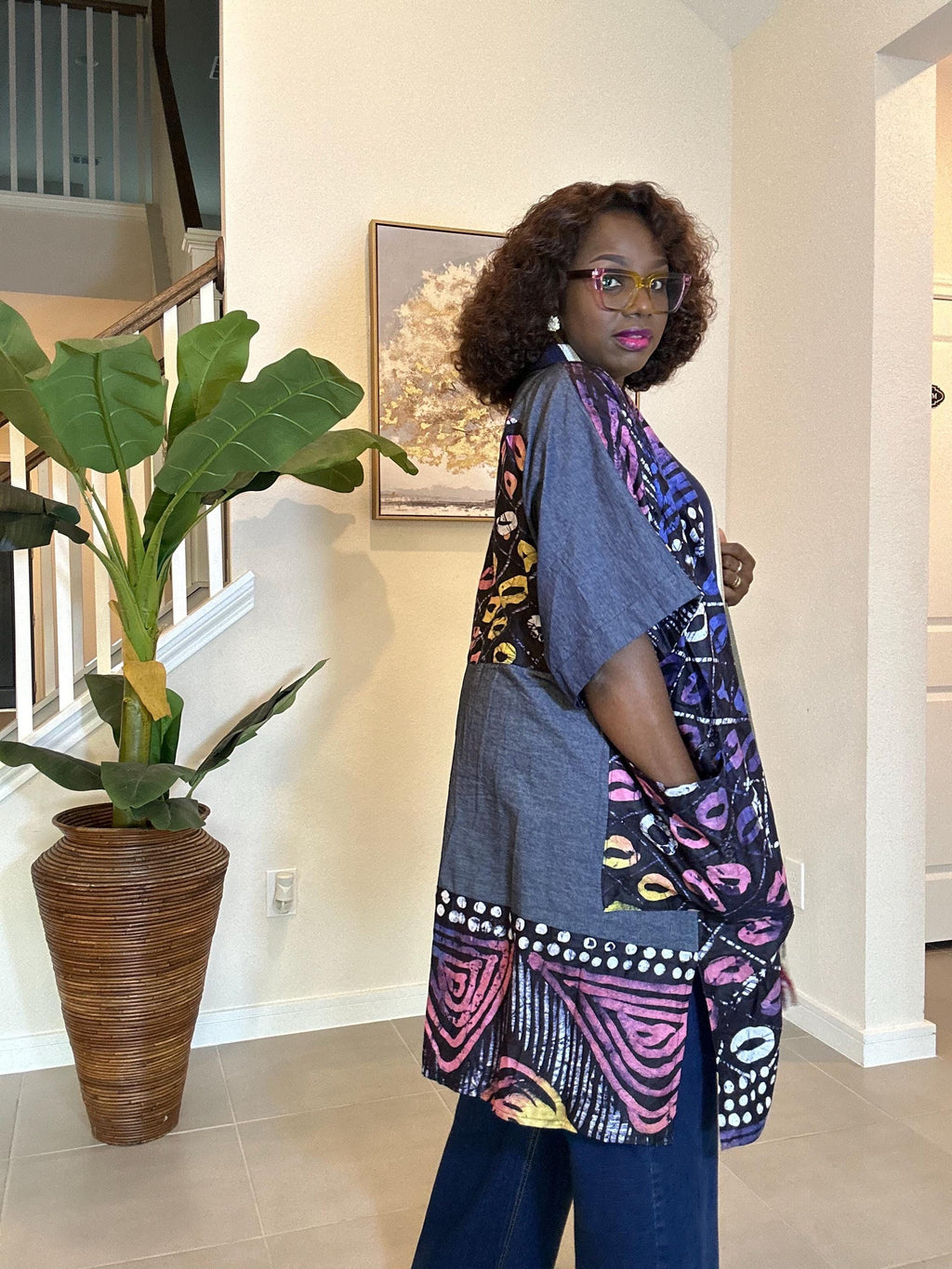 Adire Kimono Jacket | African Print Denim Robe, Open Front
