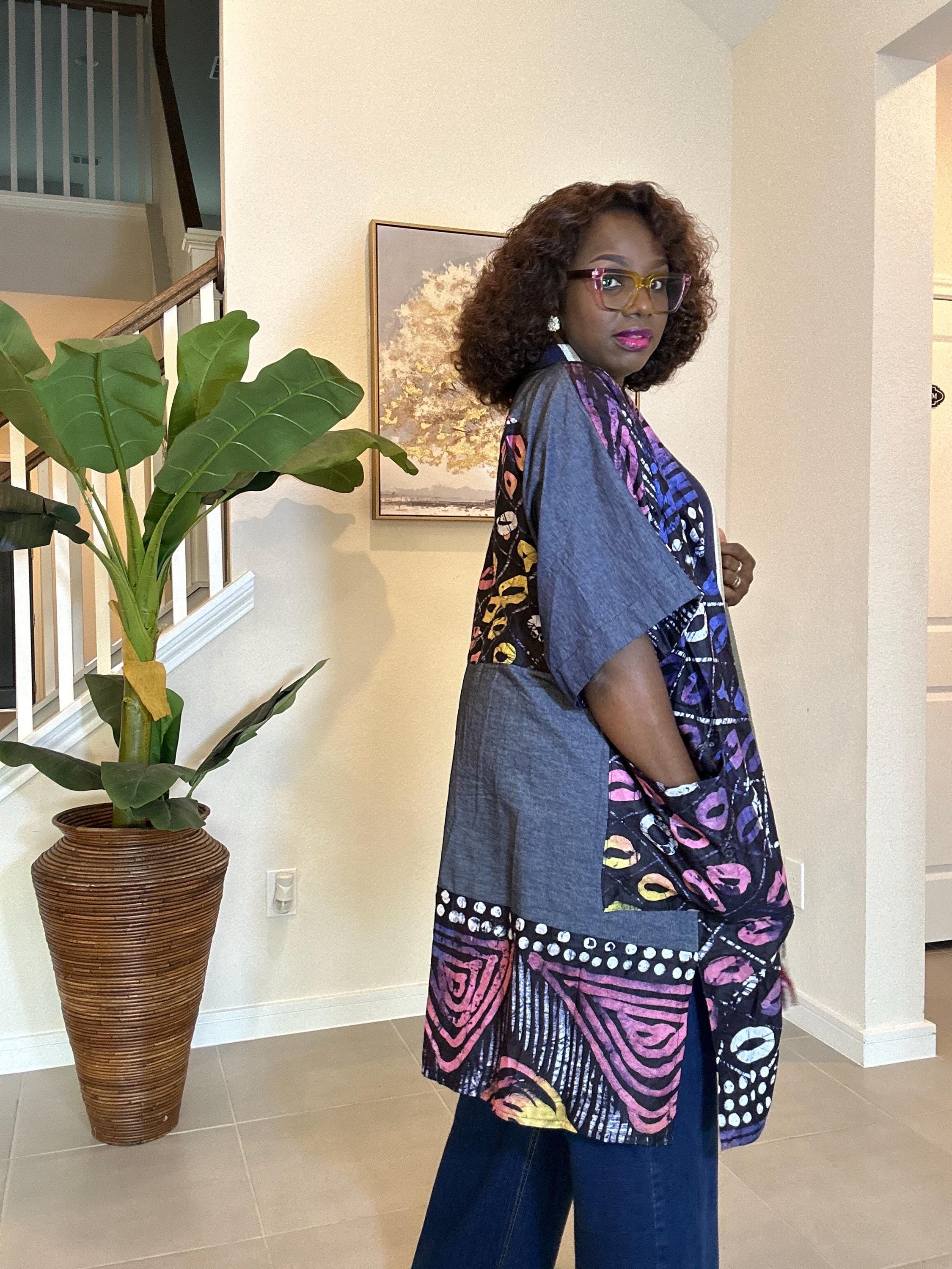 Adire Kimono Jacket | African Print Denim Robe, Open Front