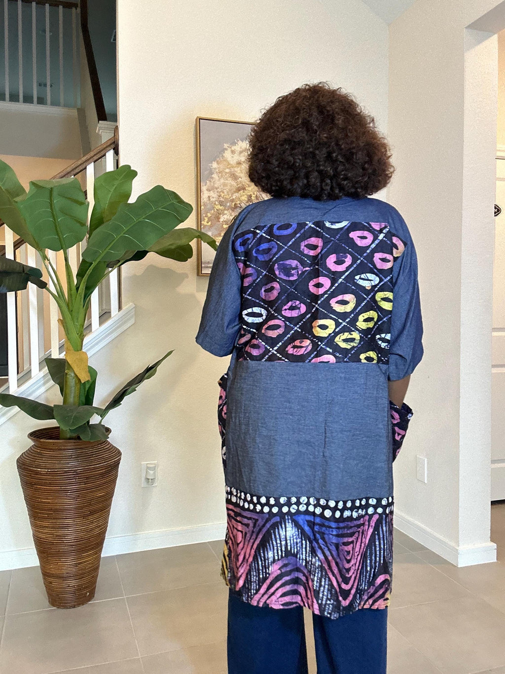 Adire Kimono Jacket | African Print Denim Robe, Open Front