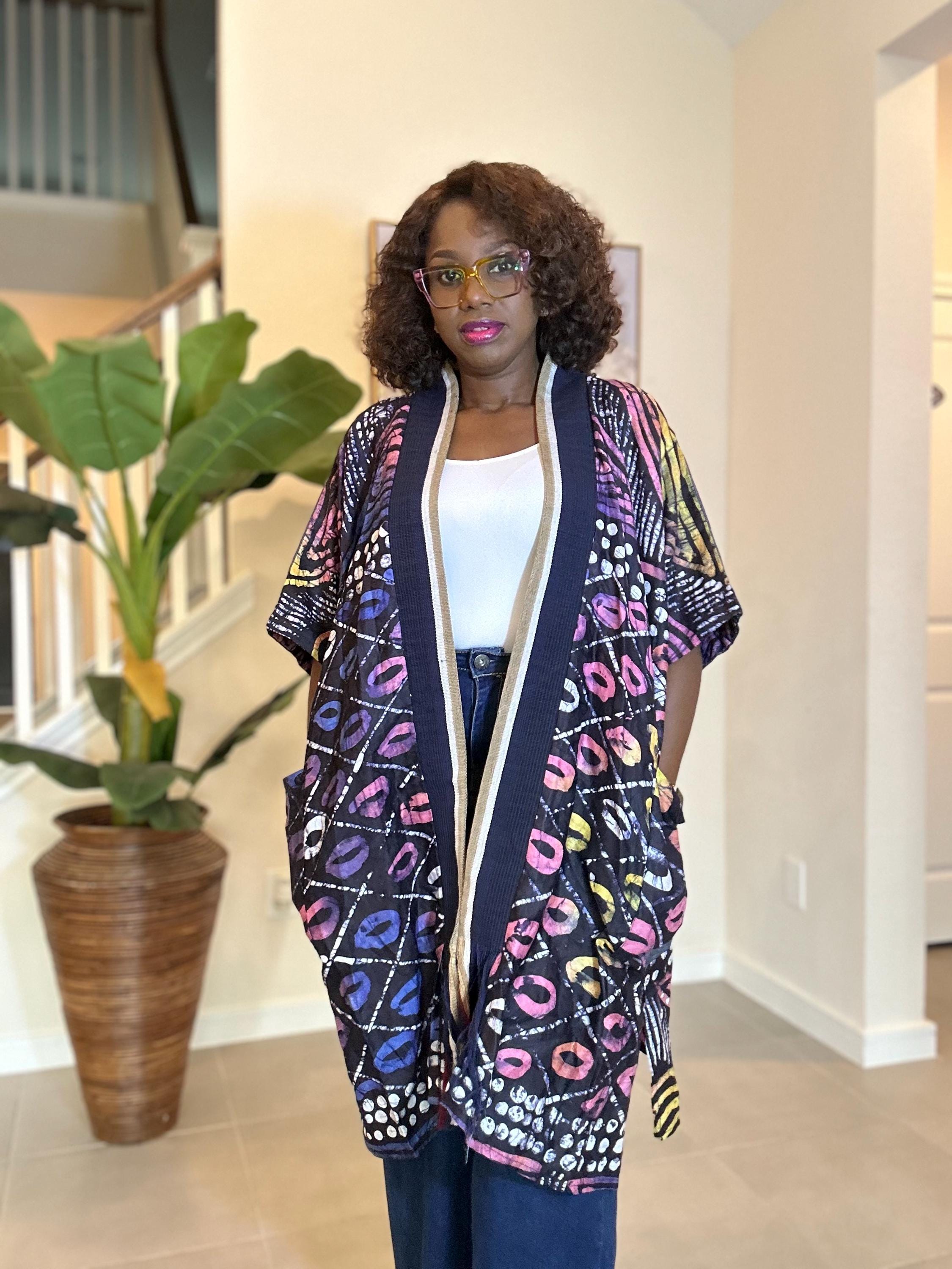 Adire Kimono Jacket | African Print Denim Robe, Open Front