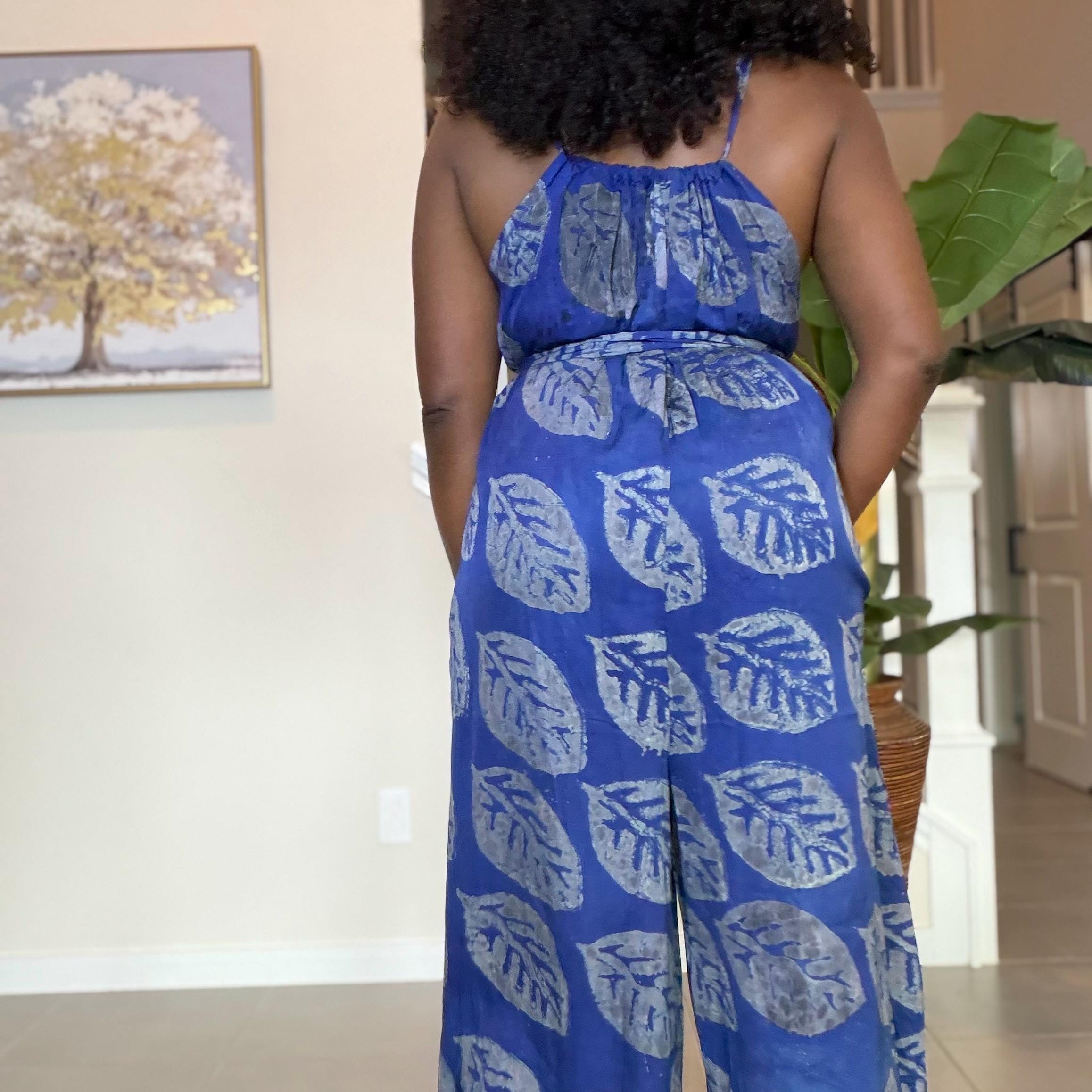 Blue Adire Jumpsuit for Women | African Adire Halter Jumpsuit | Handmade Boho Wide Leg Romper | Elegant Chic Outfit with Belt