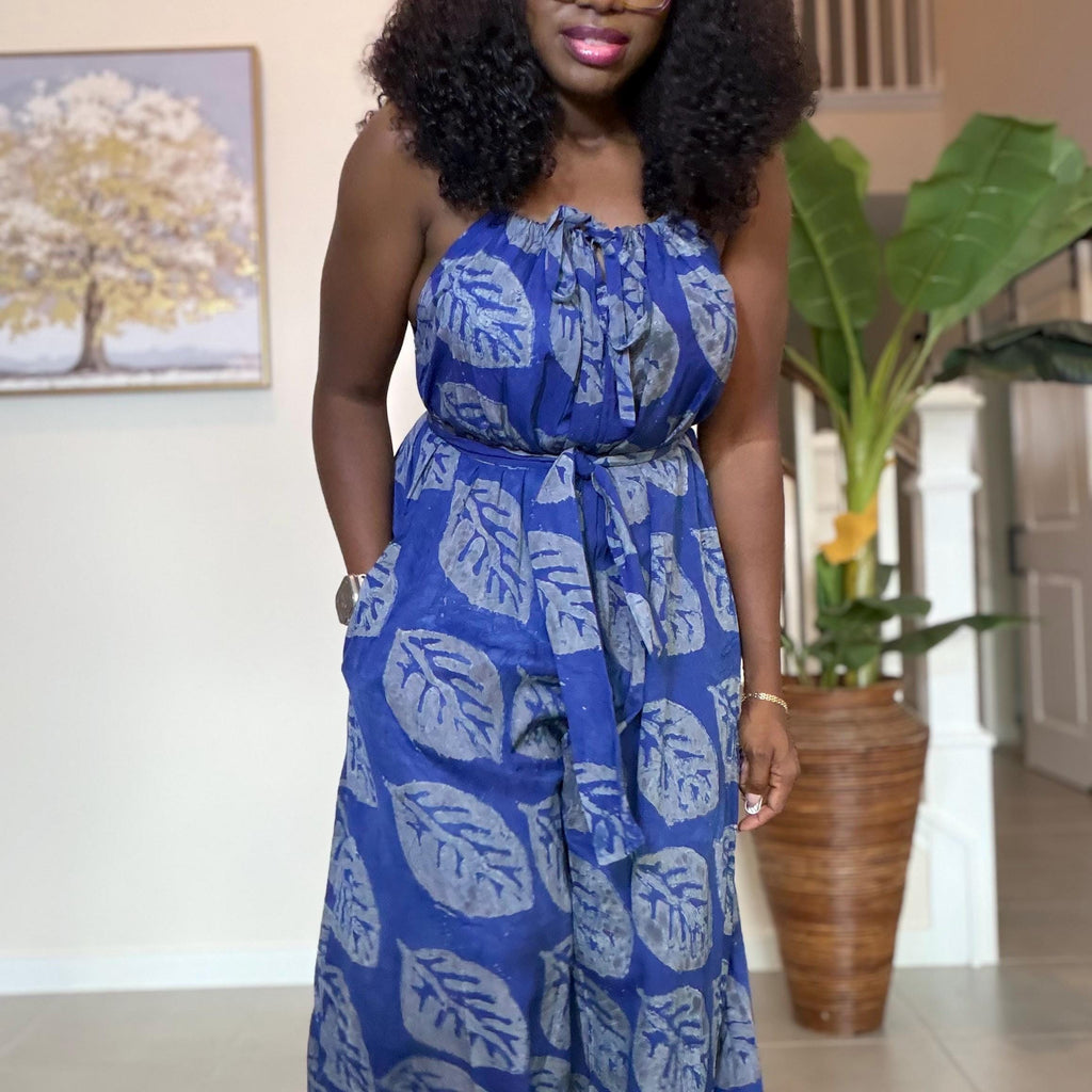 Blue Adire Jumpsuit for Women | African Adire Halter Jumpsuit | Handmade Boho Wide Leg Romper | Elegant Chic Outfit with Belt