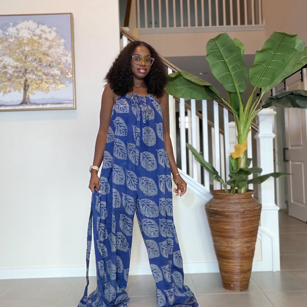 Blue Adire Jumpsuit for Women | African Adire Halter Jumpsuit | Handmade Boho Wide Leg Romper | Elegant Chic Outfit with Belt