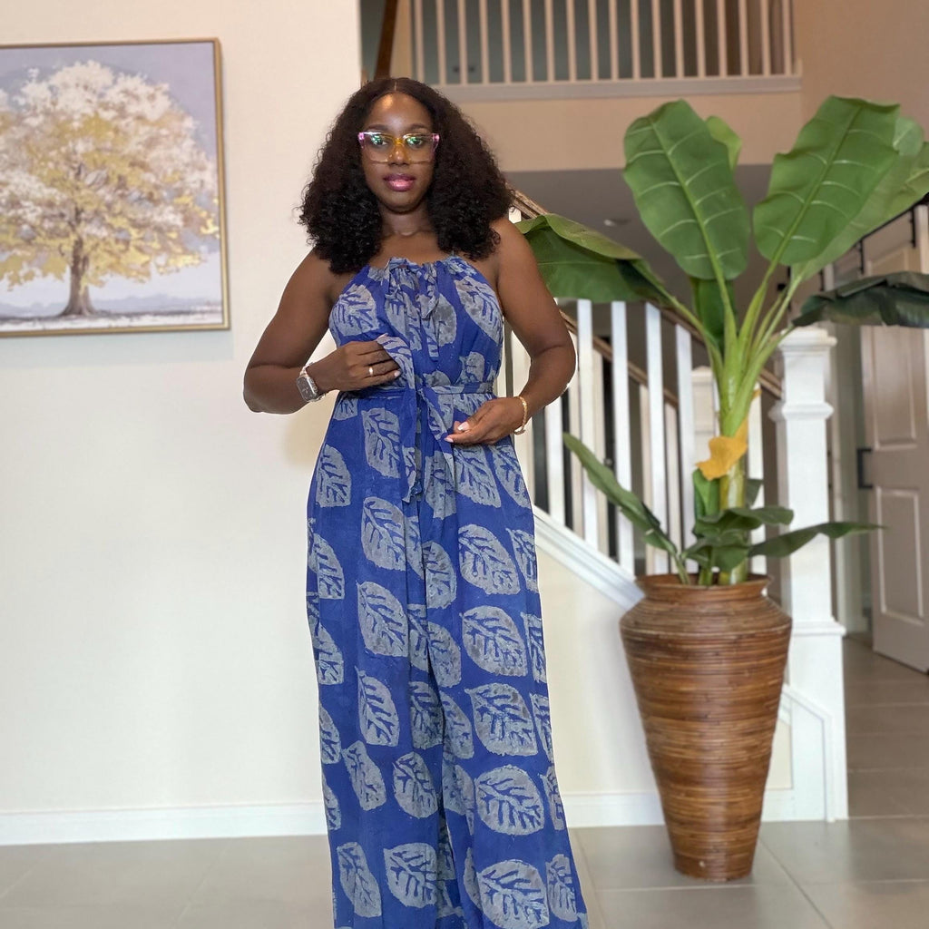 Blue Adire Jumpsuit for Women | African Adire Halter Jumpsuit | Handmade Boho Wide Leg Romper | Elegant Chic Outfit with Belt