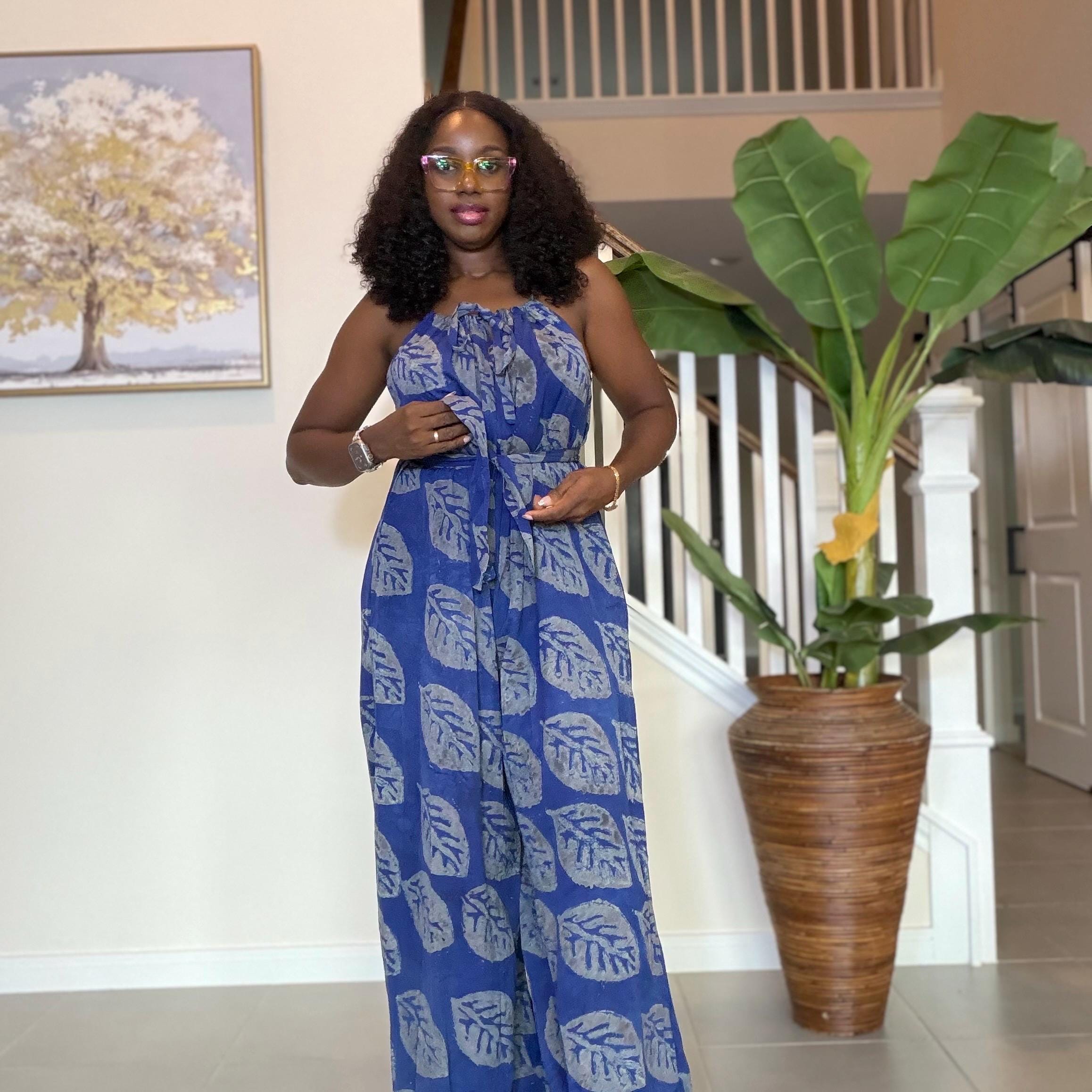 Blue Adire Jumpsuit for Women | African Adire Halter Jumpsuit | Handmade Boho Wide Leg Romper | Elegant Chic Outfit with Belt