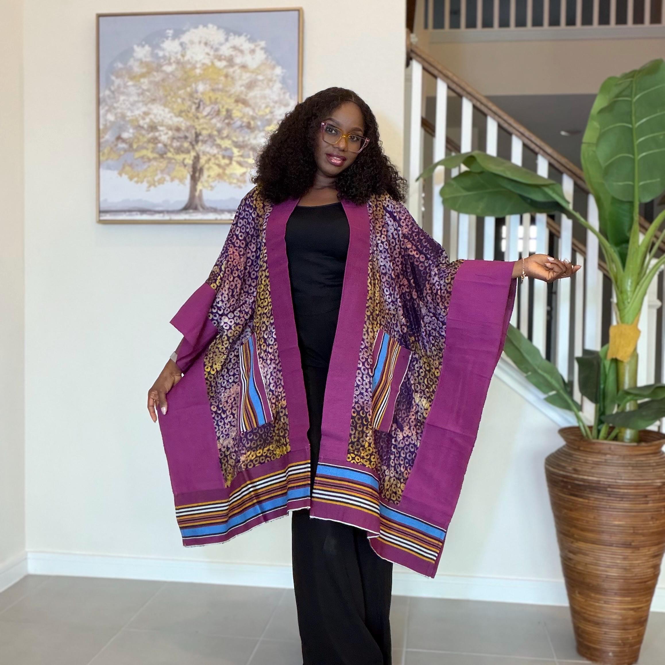 Handmade African Adire Aso Oke Kimono: Boho Print Robe