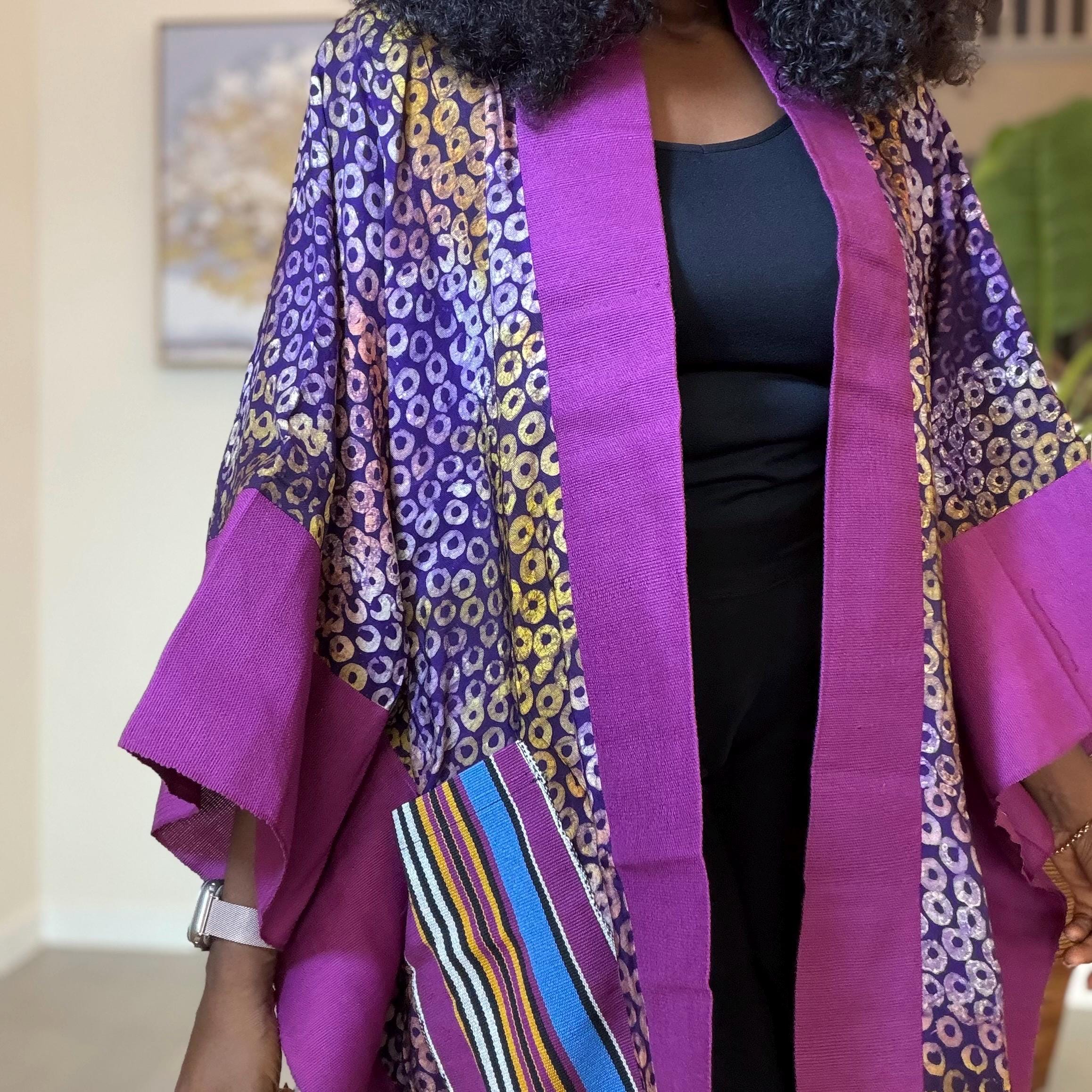 Handmade African Adire Aso Oke Kimono: Boho Print Robe