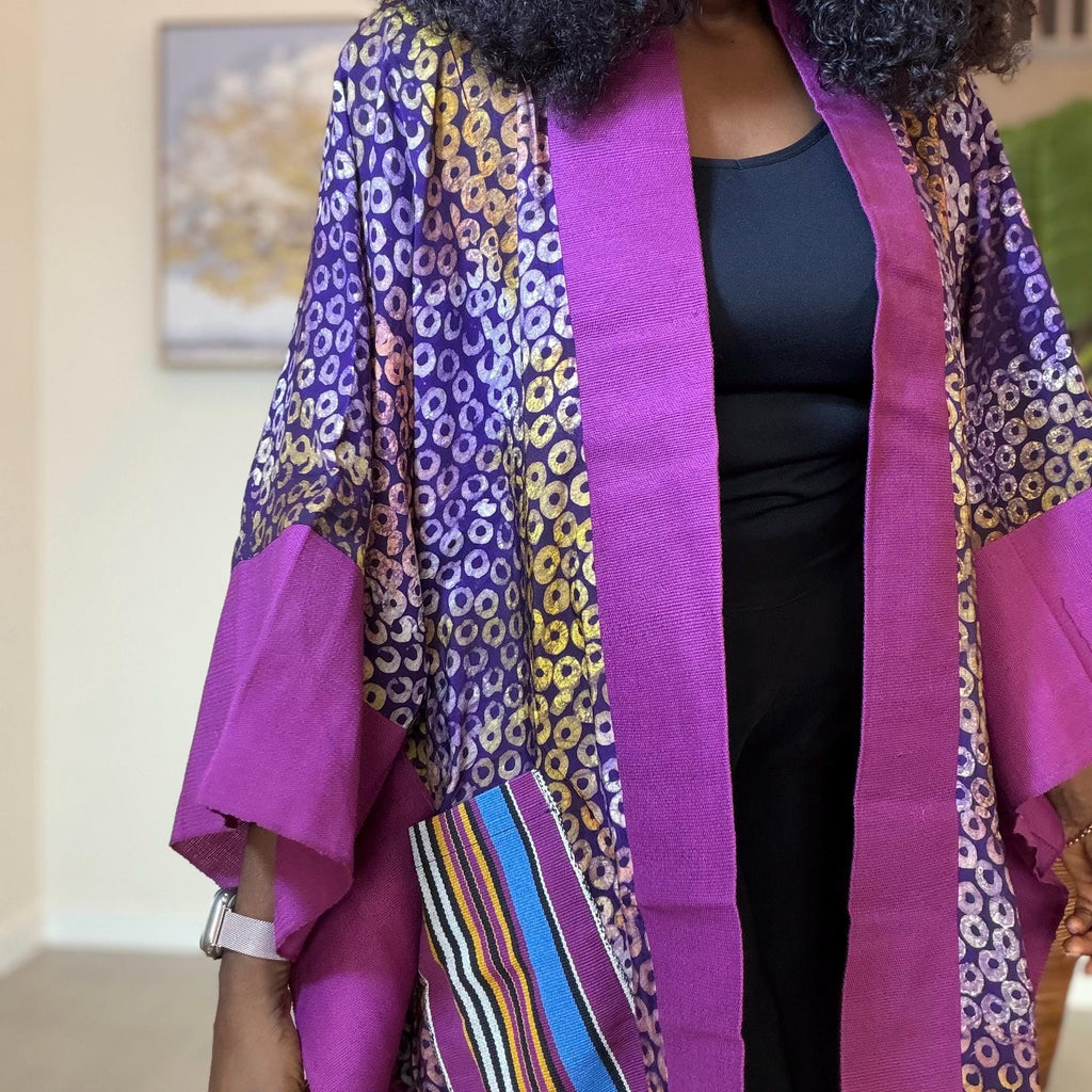 Handmade African Adire Aso Oke Kimono: Boho Print Robe