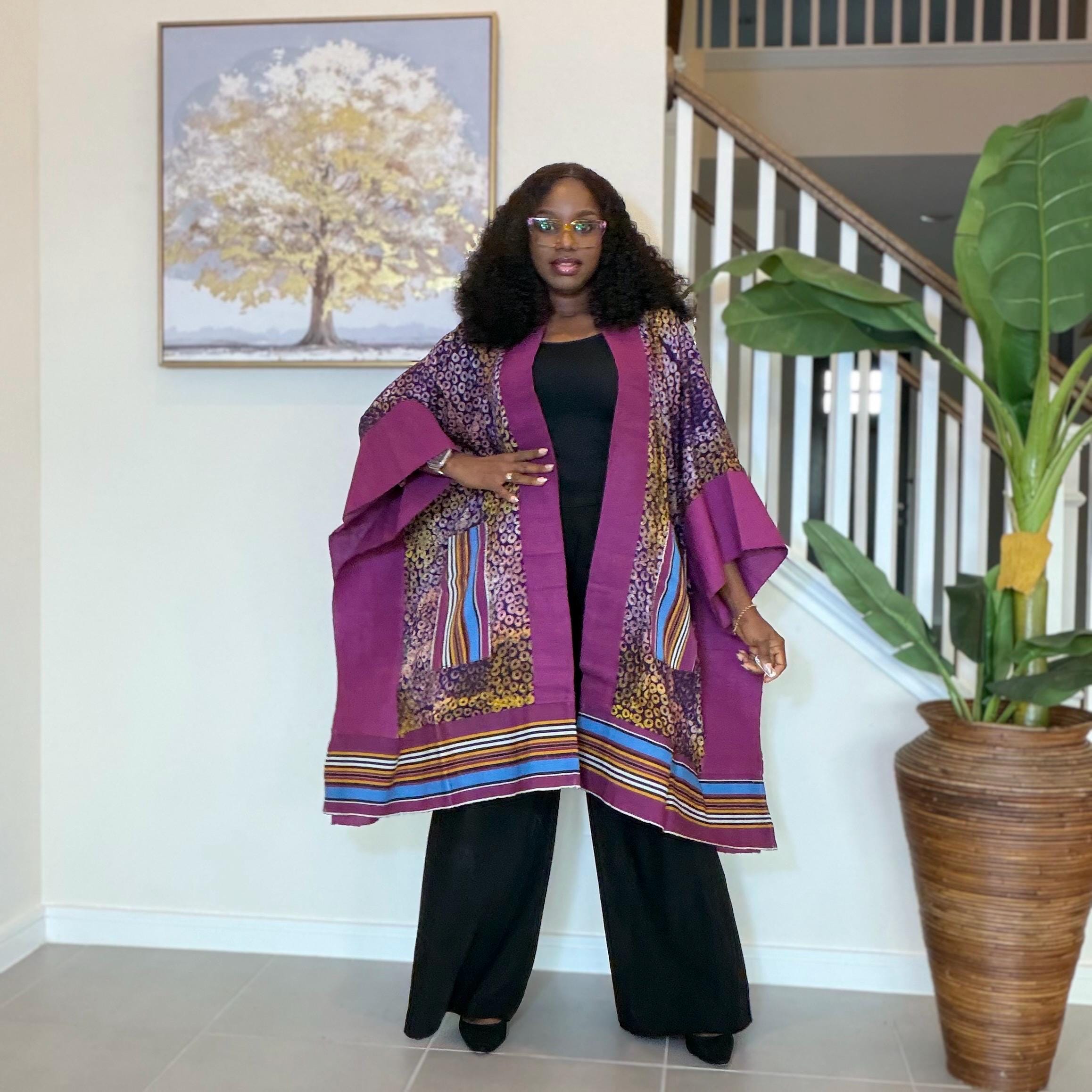 Handmade African Adire Aso Oke Kimono: Boho Print Robe