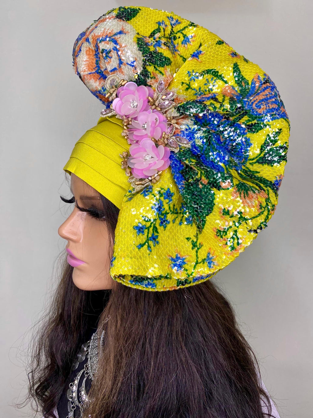 Sequin Flower Appliqué Turban | Elegant African Gele Headwrap
