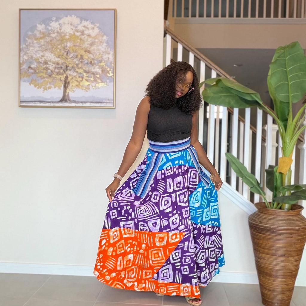 African Ankara Maxi Skirt | High Waist Patchwork Print, Pockets