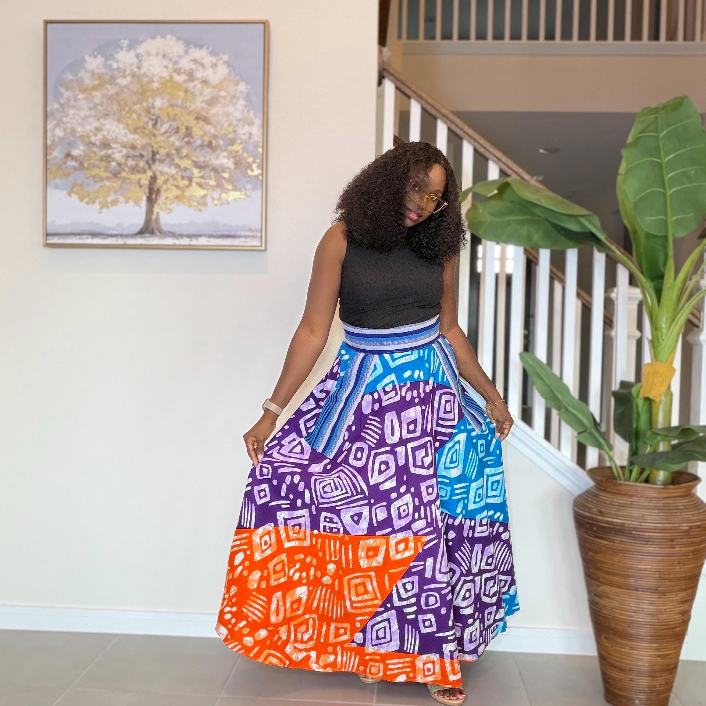 African Ankara Maxi Skirt | High Waist Patchwork Print, Pockets