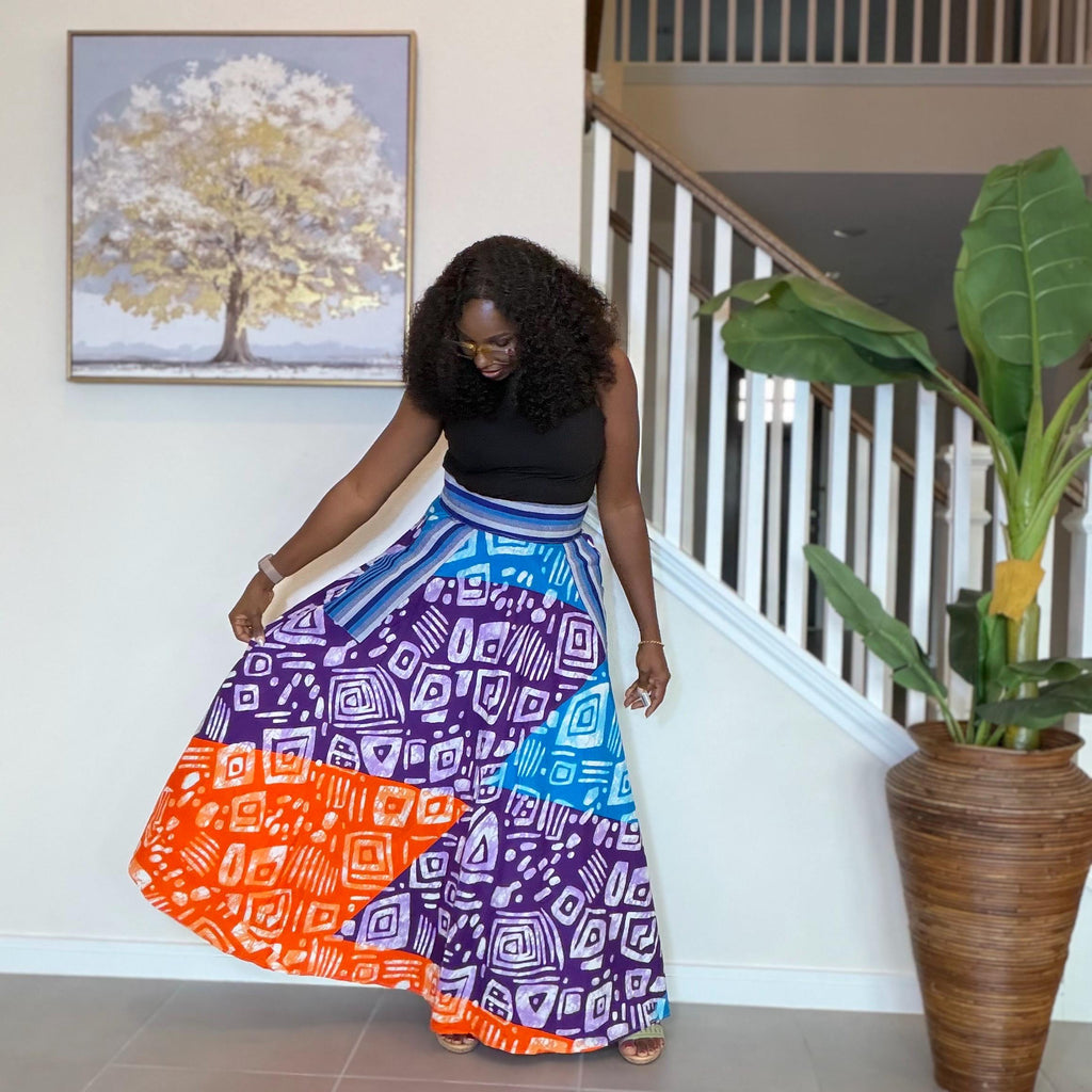 African Ankara Maxi Skirt | High Waist Patchwork Print, Pockets