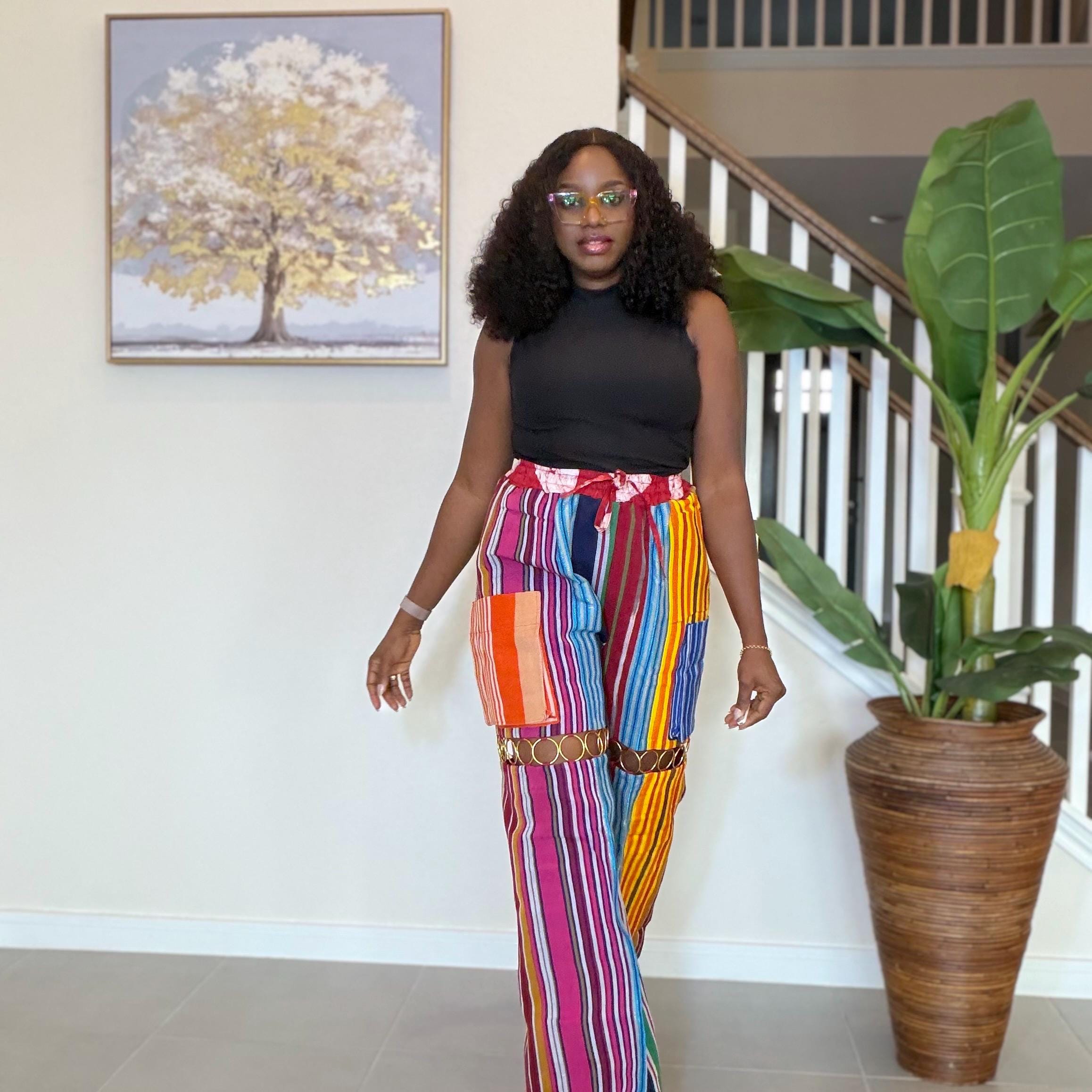 Statement Aso Oke Palazzo Pants – Afrocentric Festival Wear with Gold Accents