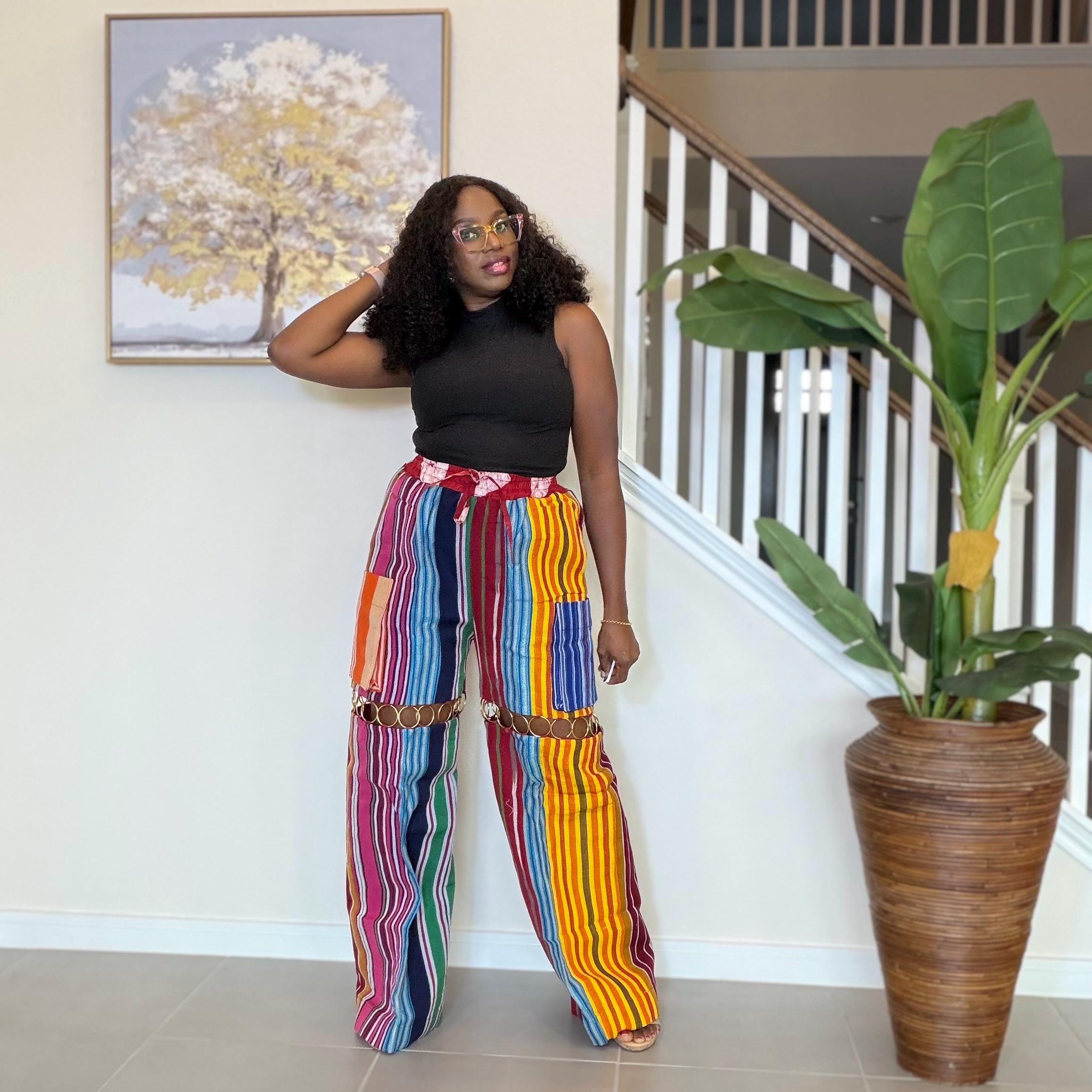Statement Aso Oke Palazzo Pants – Afrocentric Festival Wear with Gold Accents