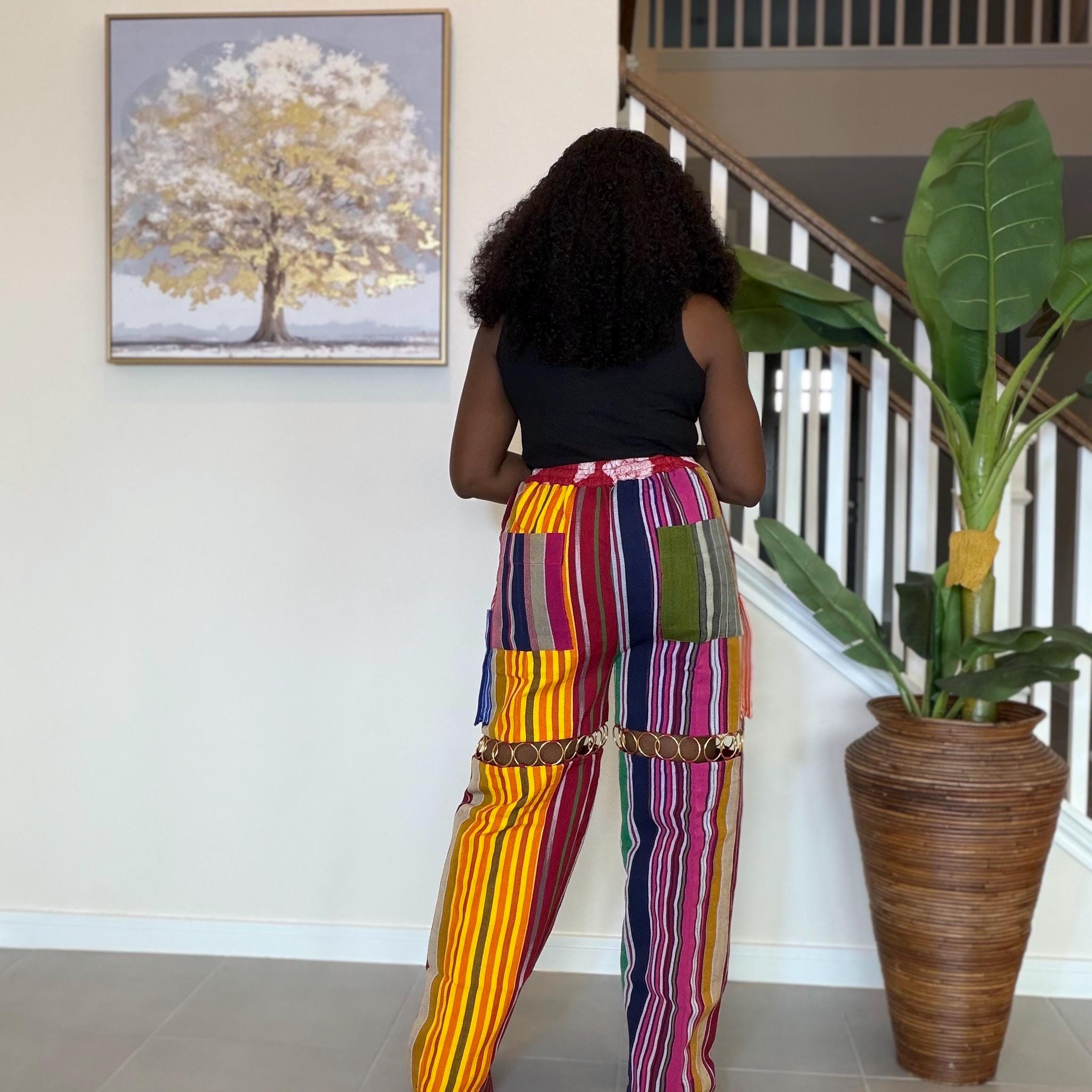 Statement Aso Oke Palazzo Pants – Afrocentric Festival Wear with Gold Accents
