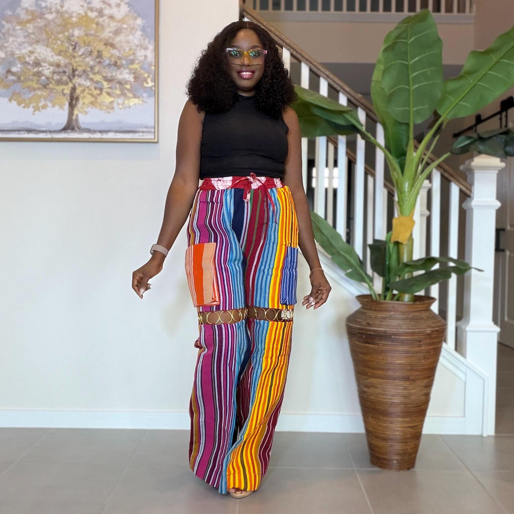 Statement Aso Oke Palazzo Pants – Afrocentric Festival Wear with Gold Accents