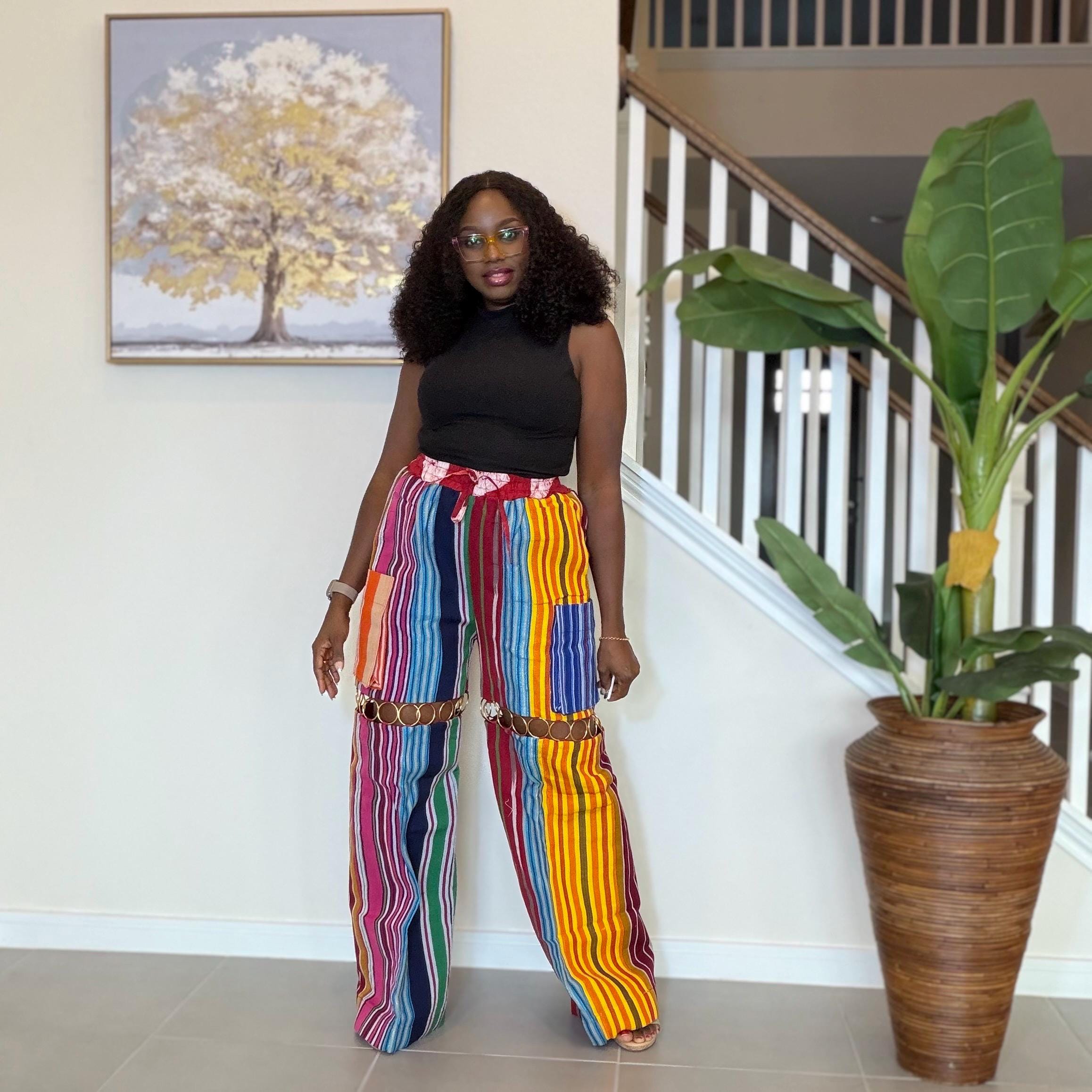Statement Aso Oke Palazzo Pants – Afrocentric Festival Wear with Gold Accents