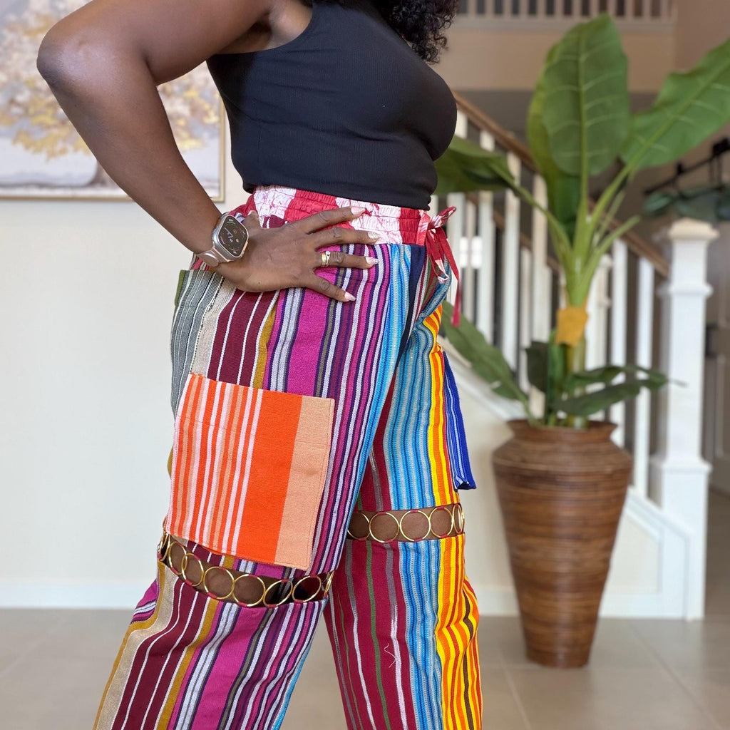 Statement Aso Oke Palazzo Pants – Afrocentric Festival Wear with Gold Accents