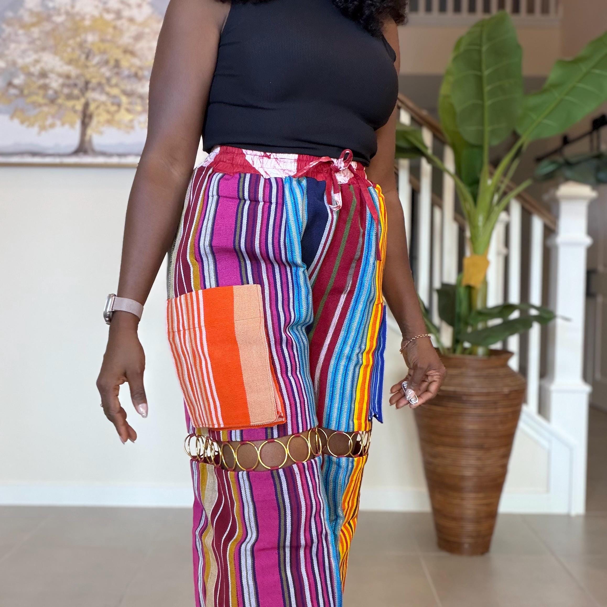 Statement Aso Oke Palazzo Pants – Afrocentric Festival Wear with Gold Accents