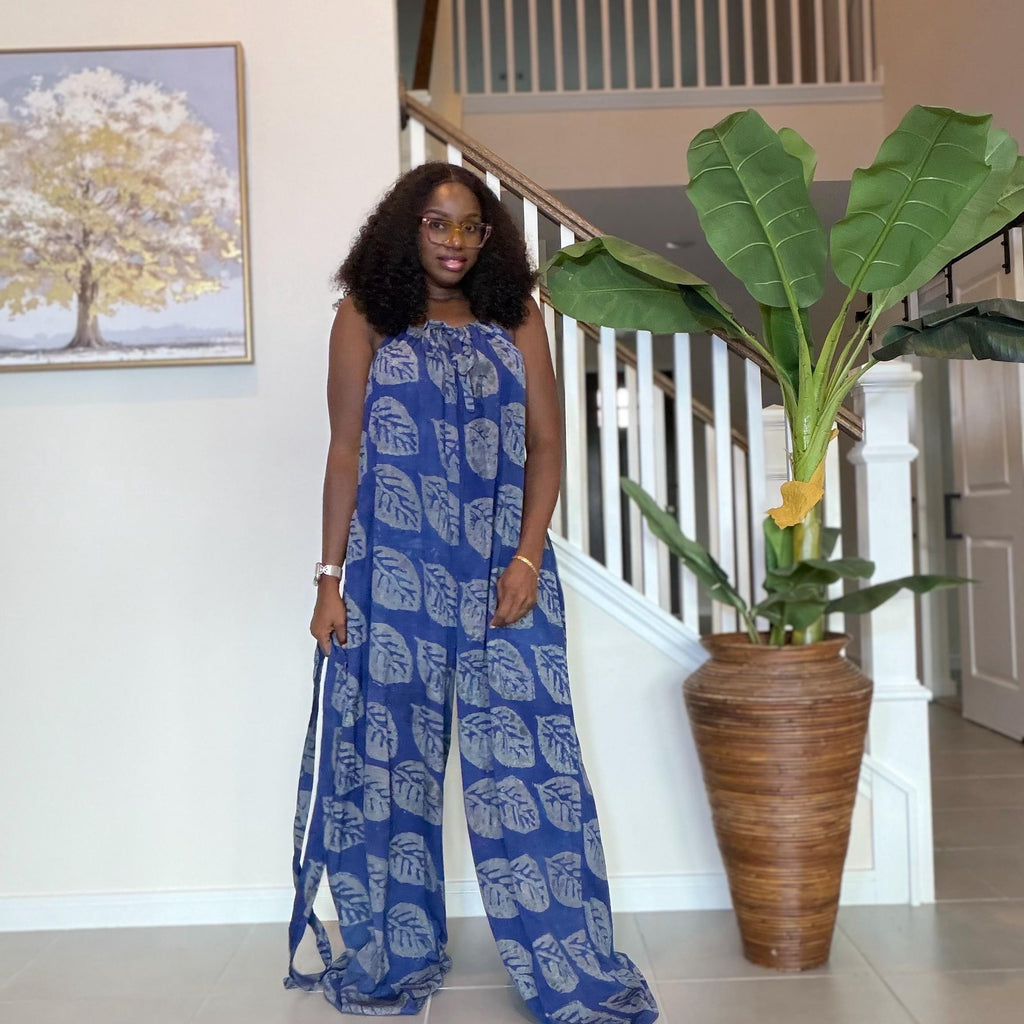 Blue Adire Jumpsuit for Women | African Adire Halter Jumpsuit | Handmade Boho Wide Leg Romper | Elegant Chic Outfit with Belt
