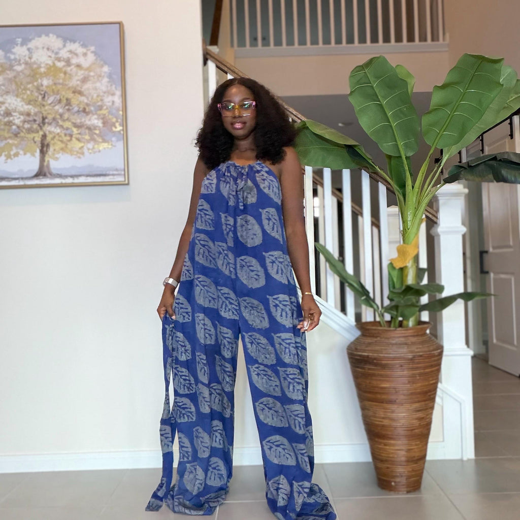 Blue Adire Jumpsuit for Women | African Adire Halter Jumpsuit | Handmade Boho Wide Leg Romper | Elegant Chic Outfit with Belt