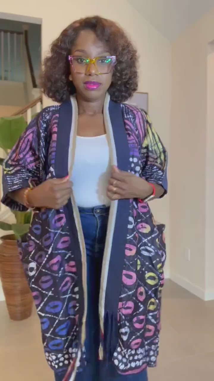 Adire Kimono Jacket | African Print Denim Robe, Open Front