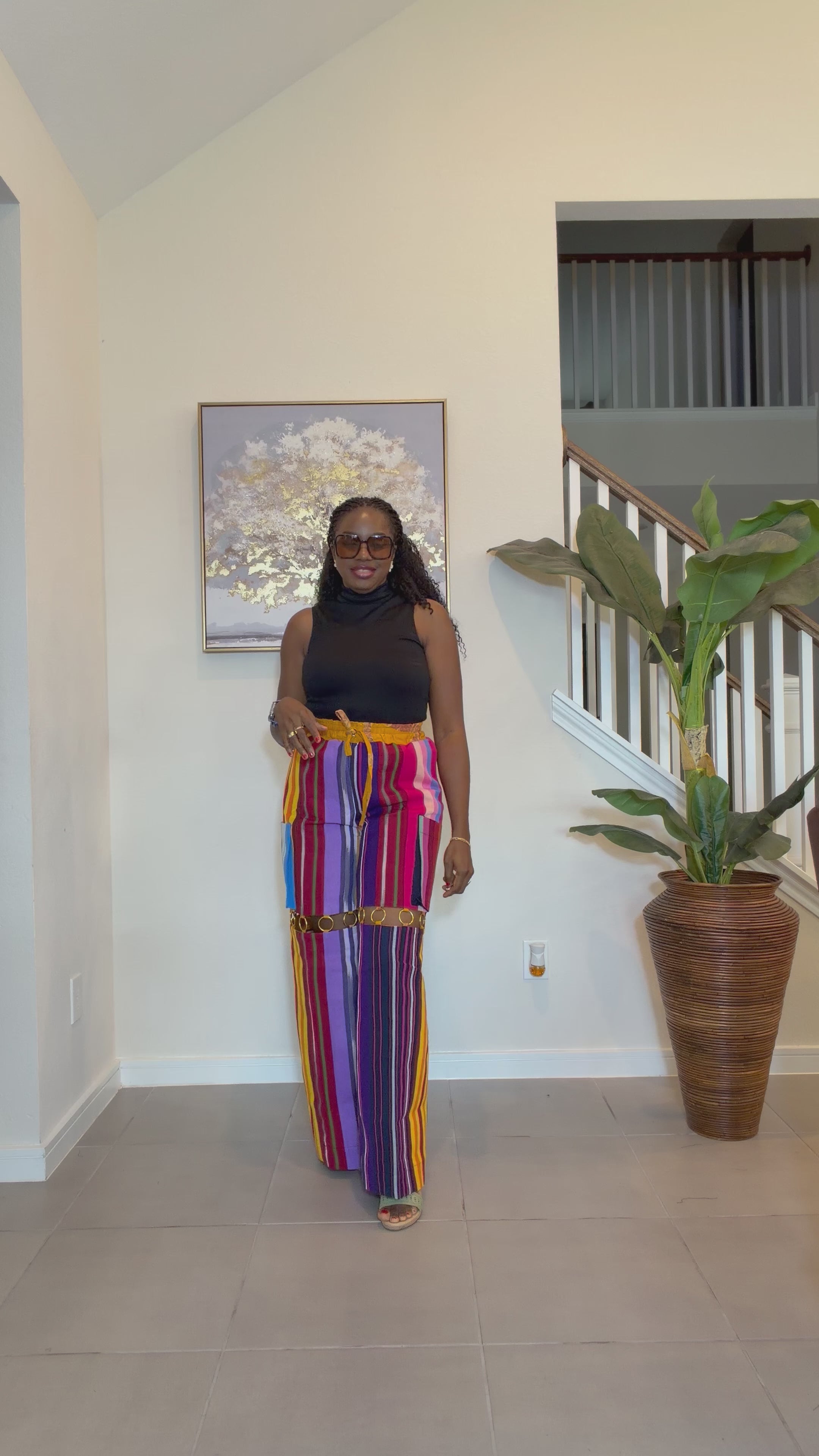 Handmade Aso Oke Wide-Leg Pants with Metal Ring Detail