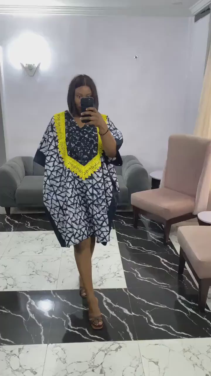 Batik Adire Short Kaftan Dress: African Print, Yellow Lace Trim