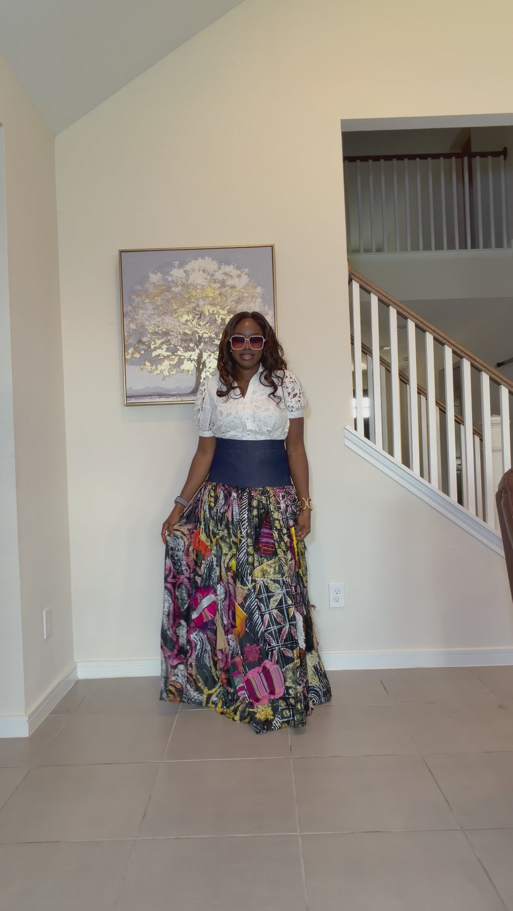 Adire Batik Maxi Skirt with Aso Oke Patchwork, High-Waisted African Print Maxi Skirt
