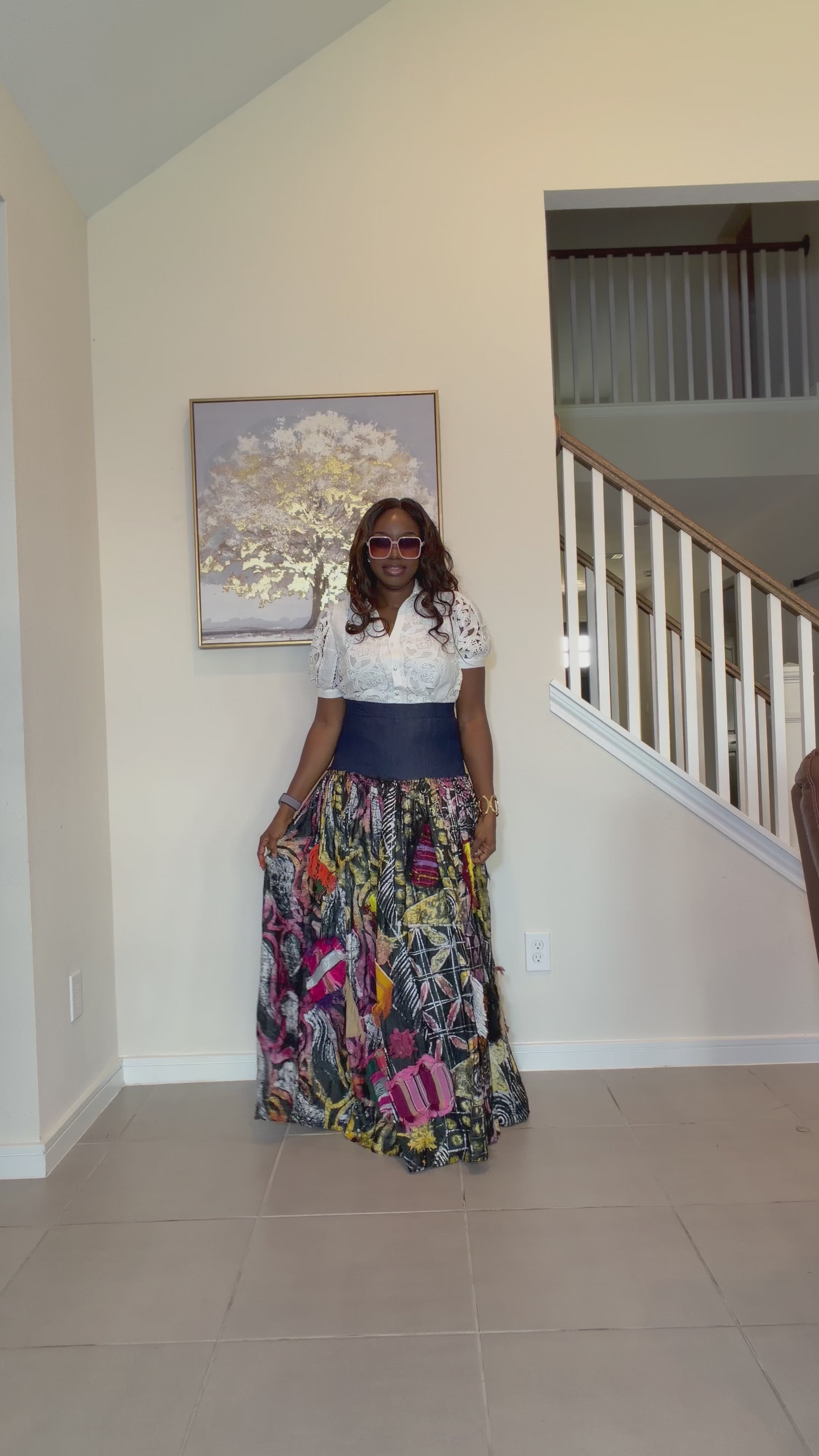 Adire Batik Maxi Skirt with Aso Oke Patchwork, High-Waisted African Print Maxi Skirt