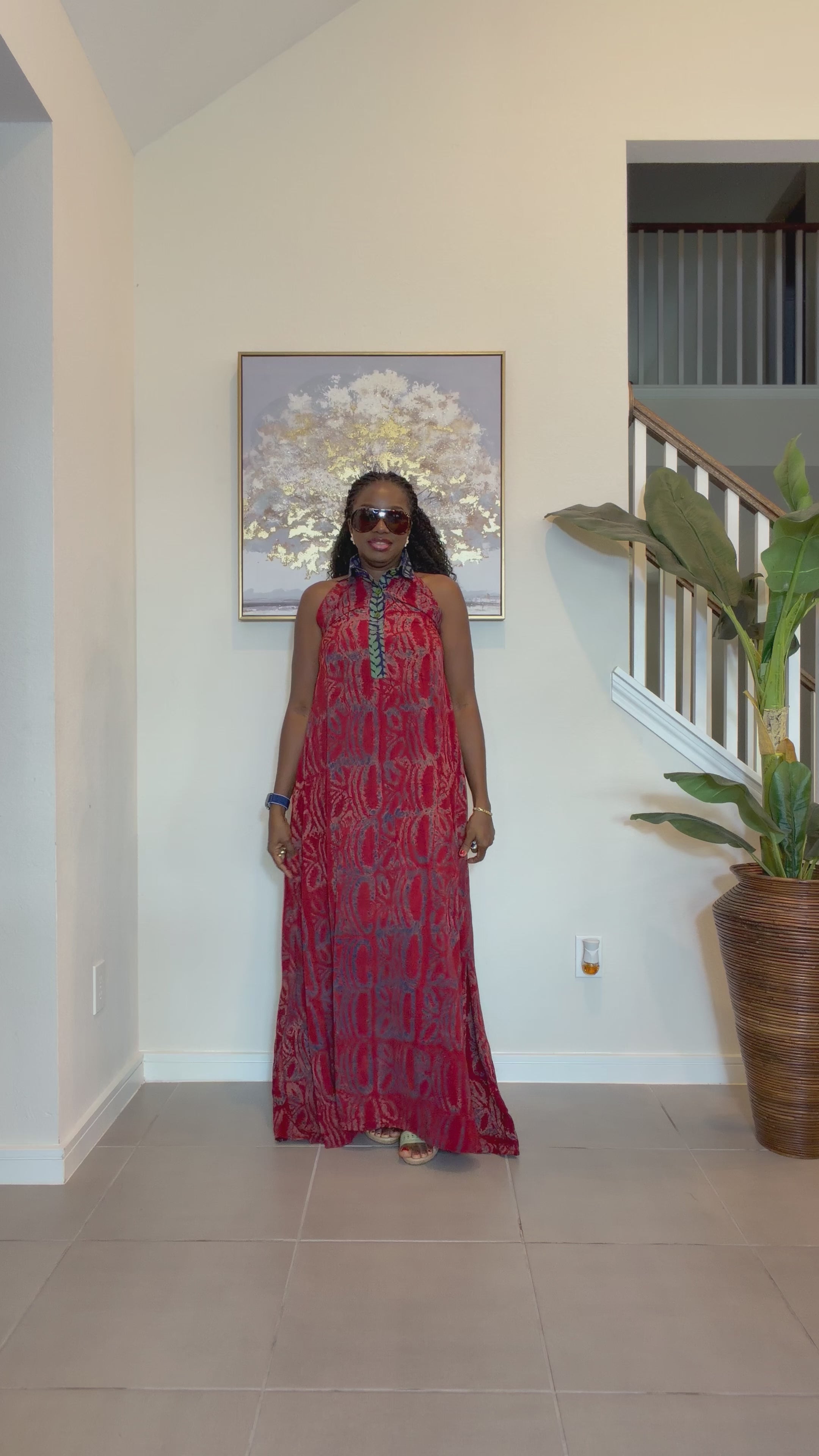 Hand-Dyed Adire Crepe Halter Maxi Dress.