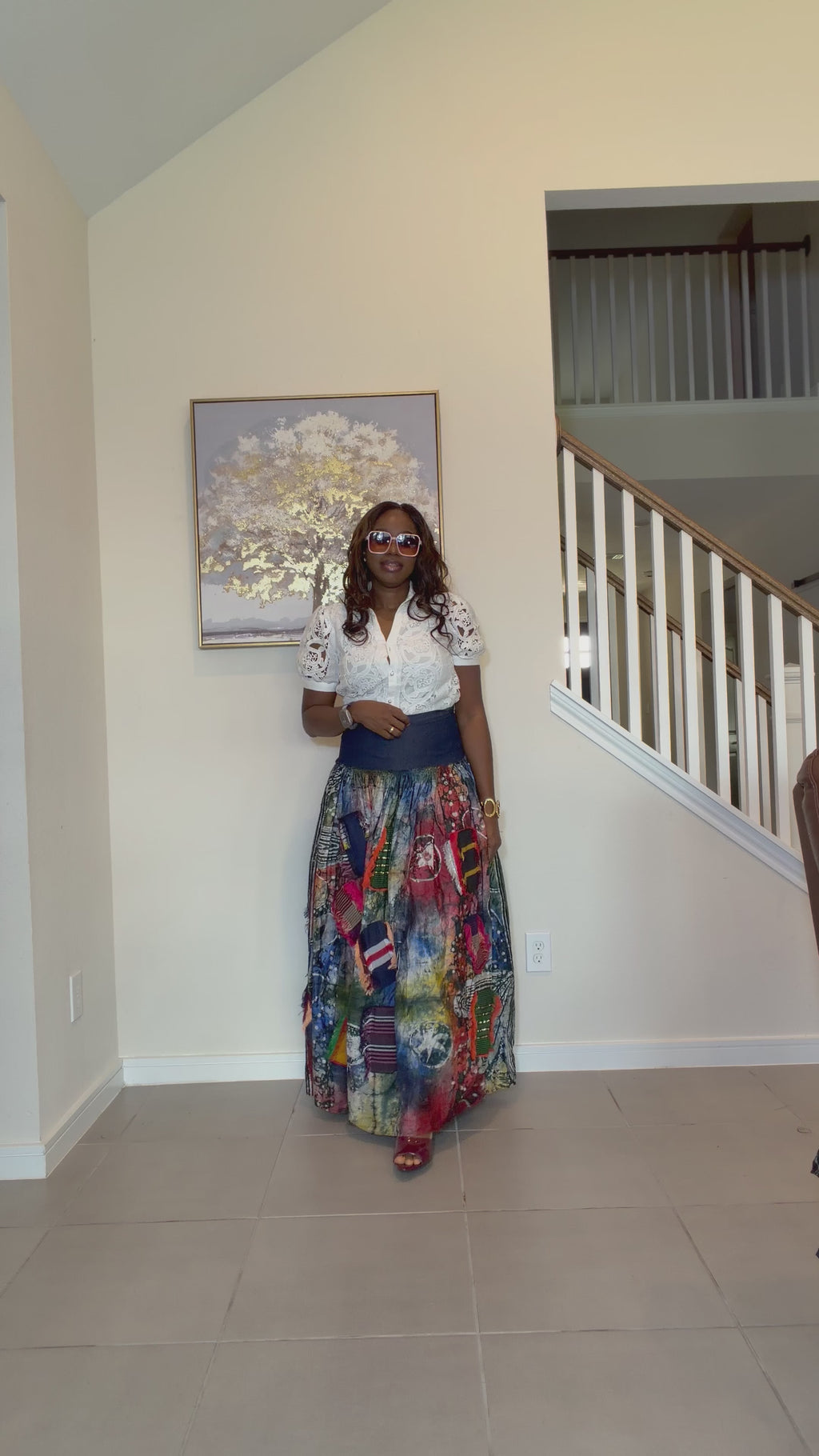 Adire Batik Maxi Skirt with Aso Oke Patchwork, High-Waisted African Print Long Skirt