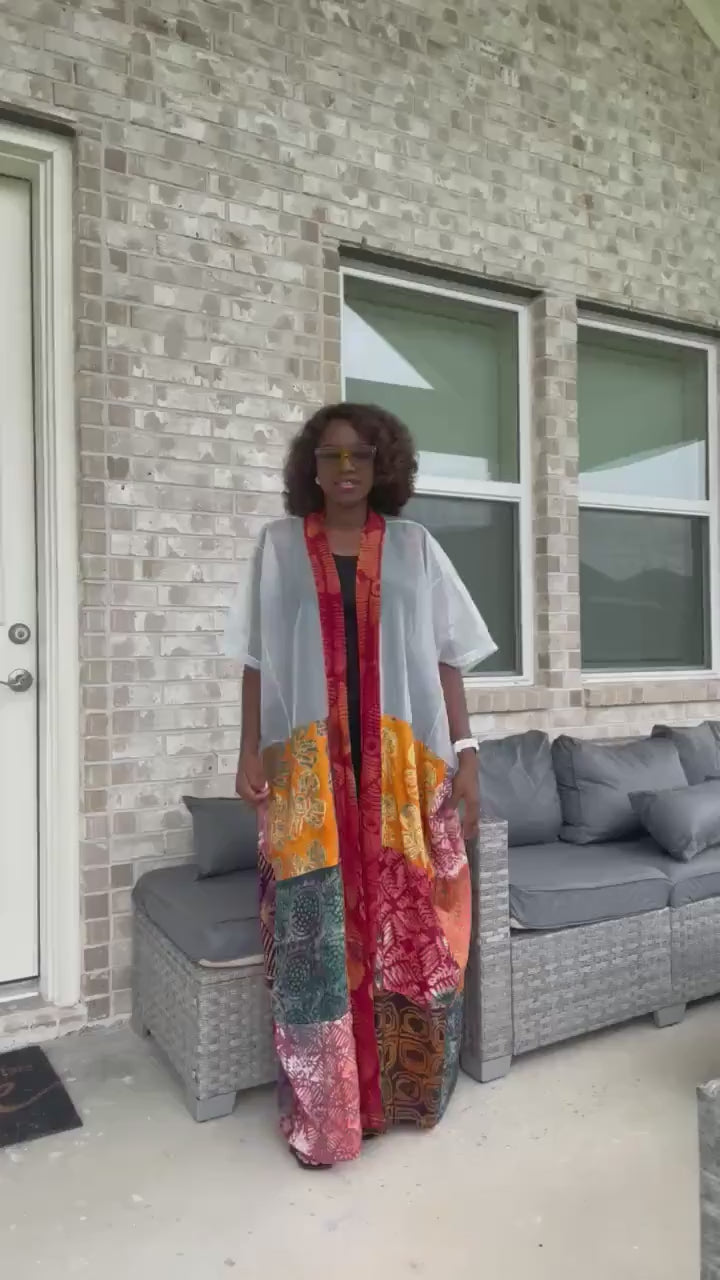 Handmade Adire & Organza Kimono: African Print Boho Duster