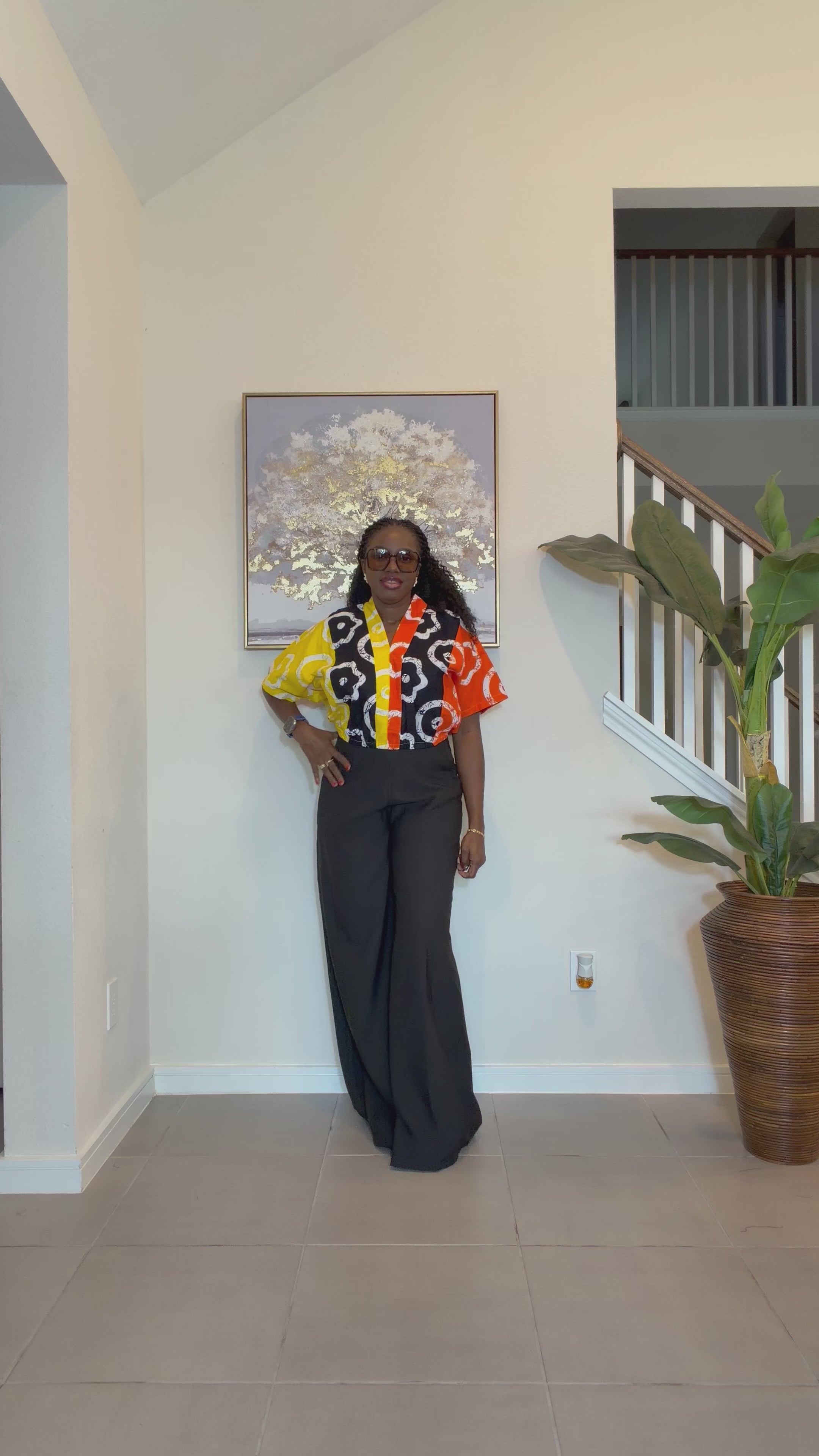 Cropped Ankara V-Neck Top with Black Wide-Leg Pants