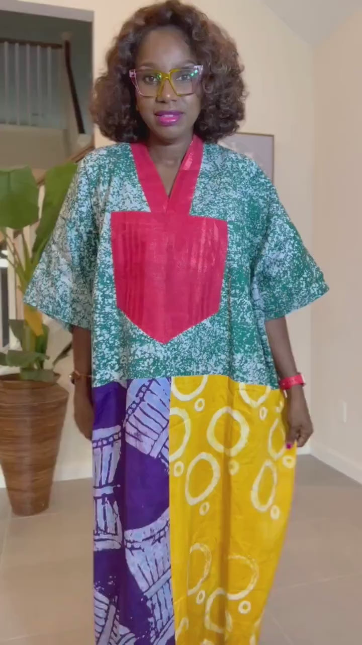 Patchwork Adire Dress: African Print Kaftan, Boho Summer Midi Dress