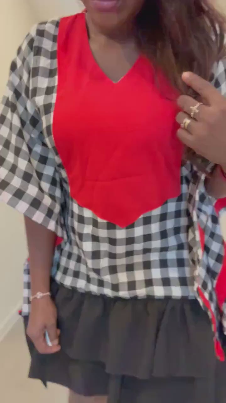 Checkered Short Dress: Red Patch, Relaxed Silhouette