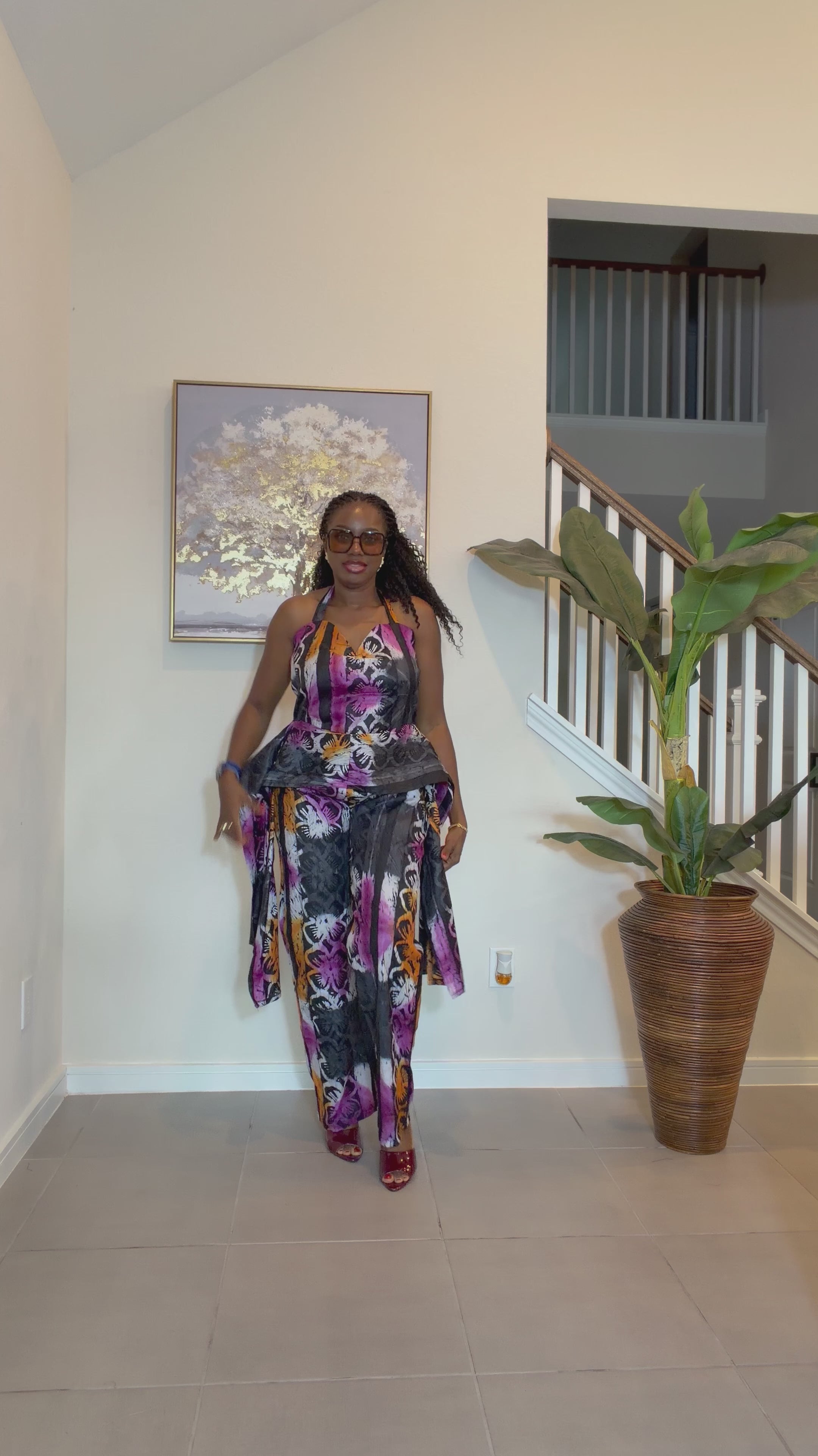 Handmade Adire Batik Tie-Neck Halter Jumpsuit.