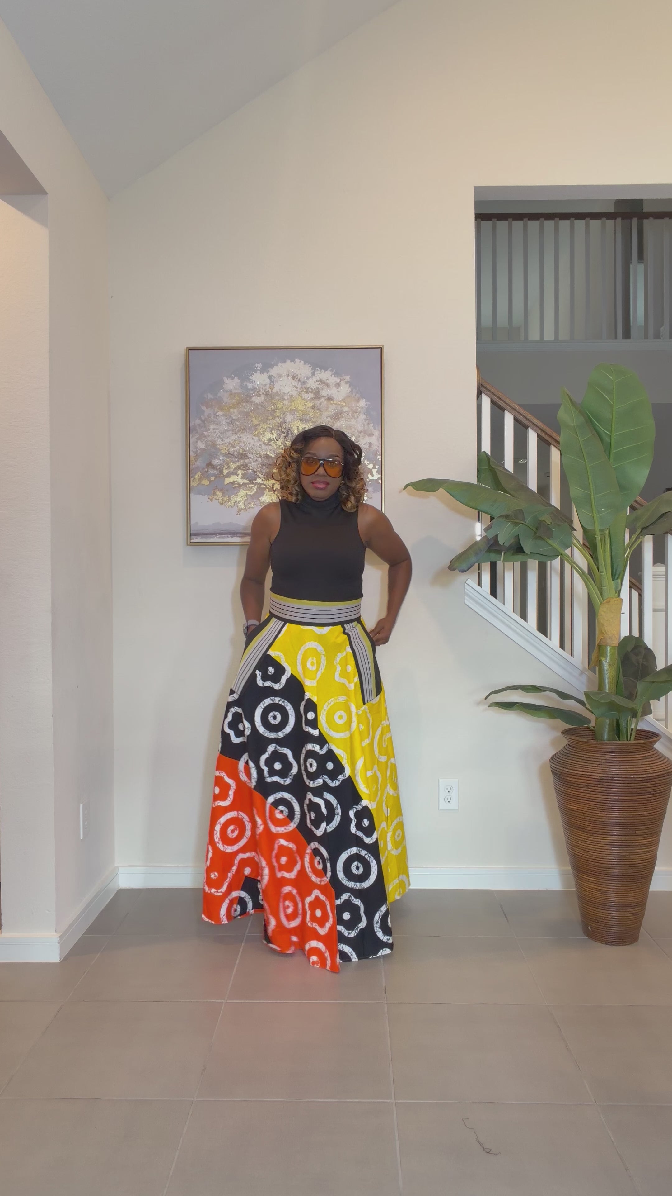 African Ankara Maxi Skirt, High Waist Skirt with Aso Oke Pockets