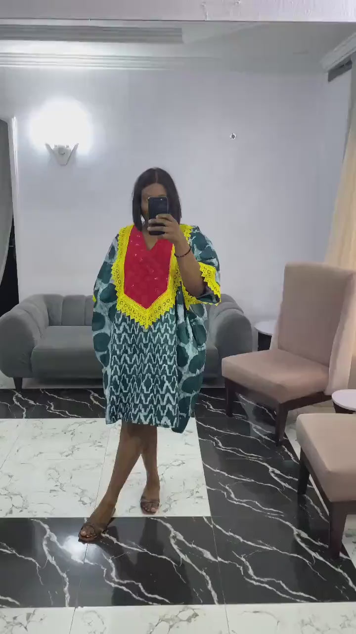 Batik Adire Short Kaftan Dress: African Print, Lace Trim, Boho Style