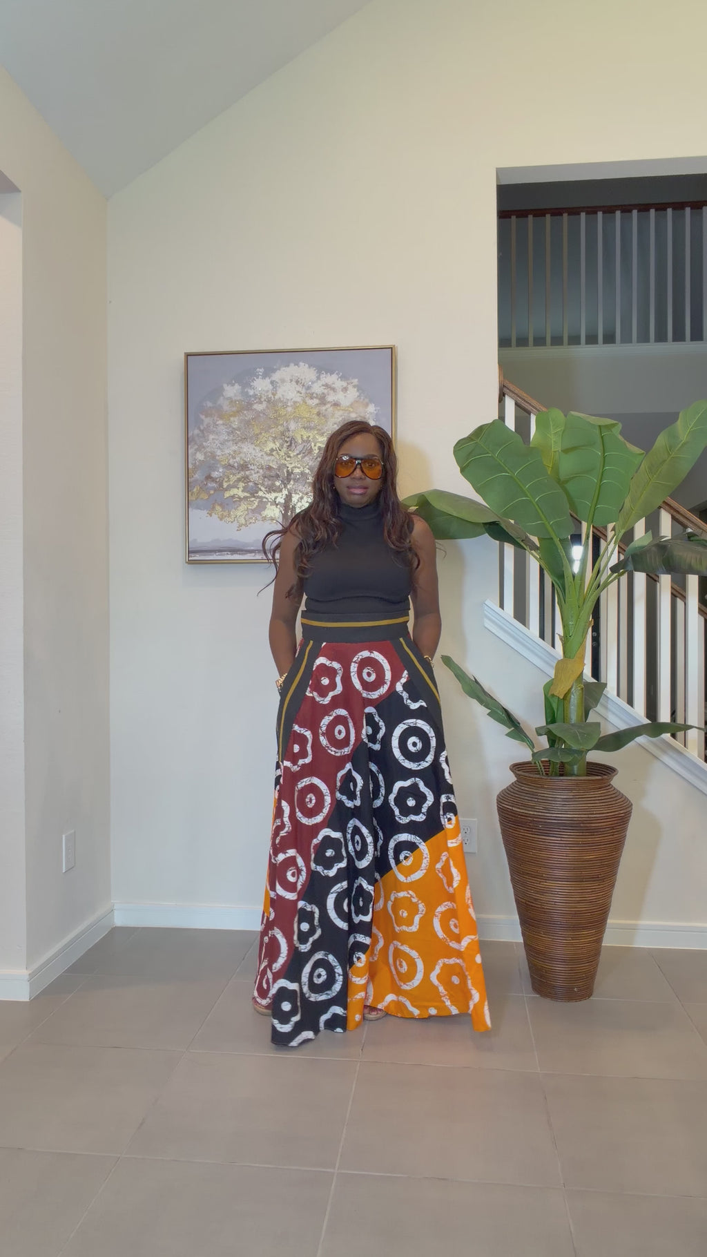 African Ankara Maxi Skirt, High Waist Skirt with Aso Oke Pockets