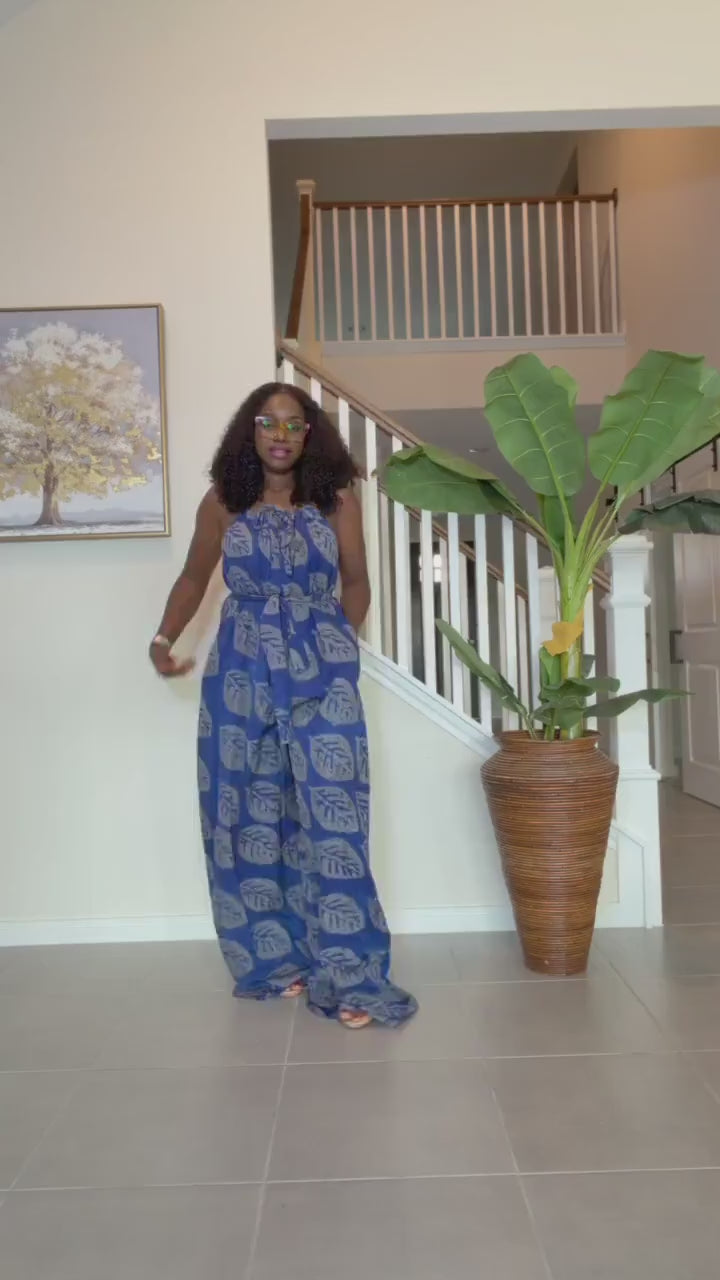Blue Adire Jumpsuit for Women | African Adire Halter Jumpsuit | Handmade Boho Wide Leg Romper | Elegant Chic Outfit with Belt