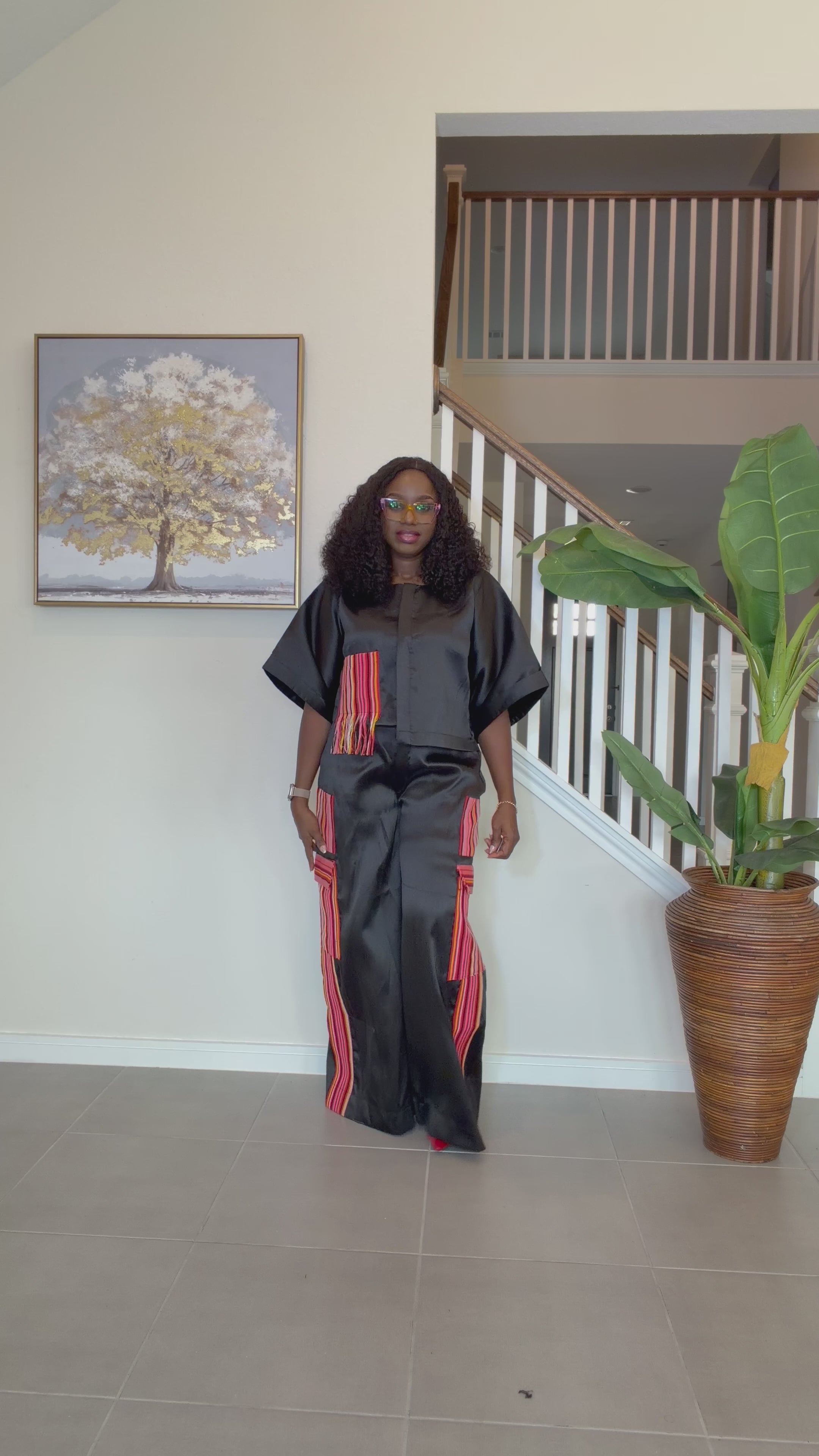 Black mikado trouser set with Aso Oke