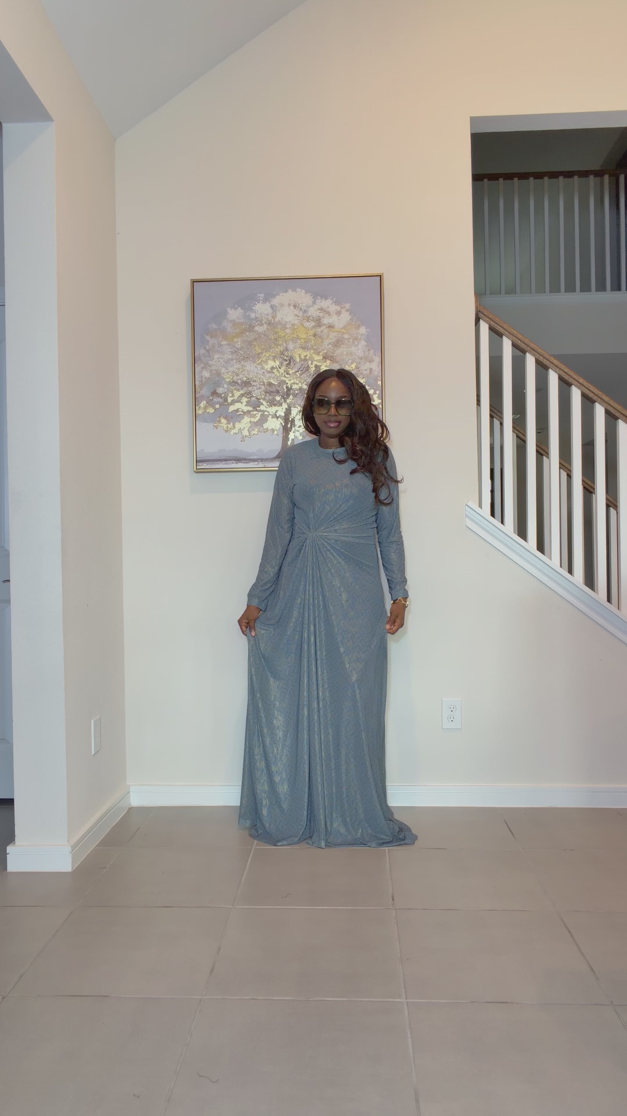 Shimmering Metallic Blue Maxi Dress