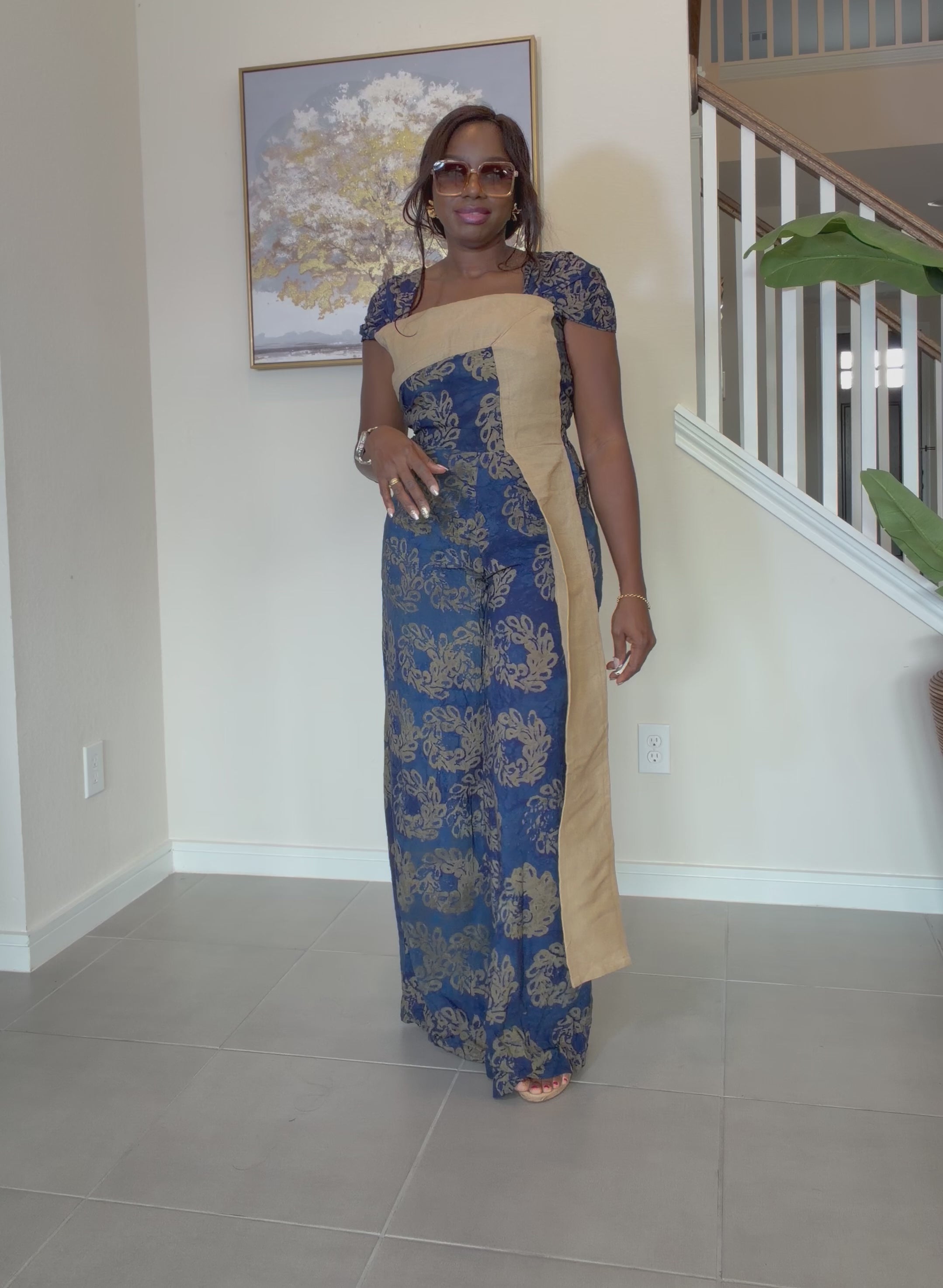 Blue Adire Floral Wide-Leg Jumpsuit with Aso Oke Detail