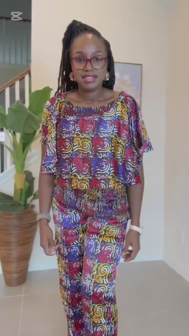 Handmade Adire Silk Two-Piece Set: Boho Chiffon Top and Pants