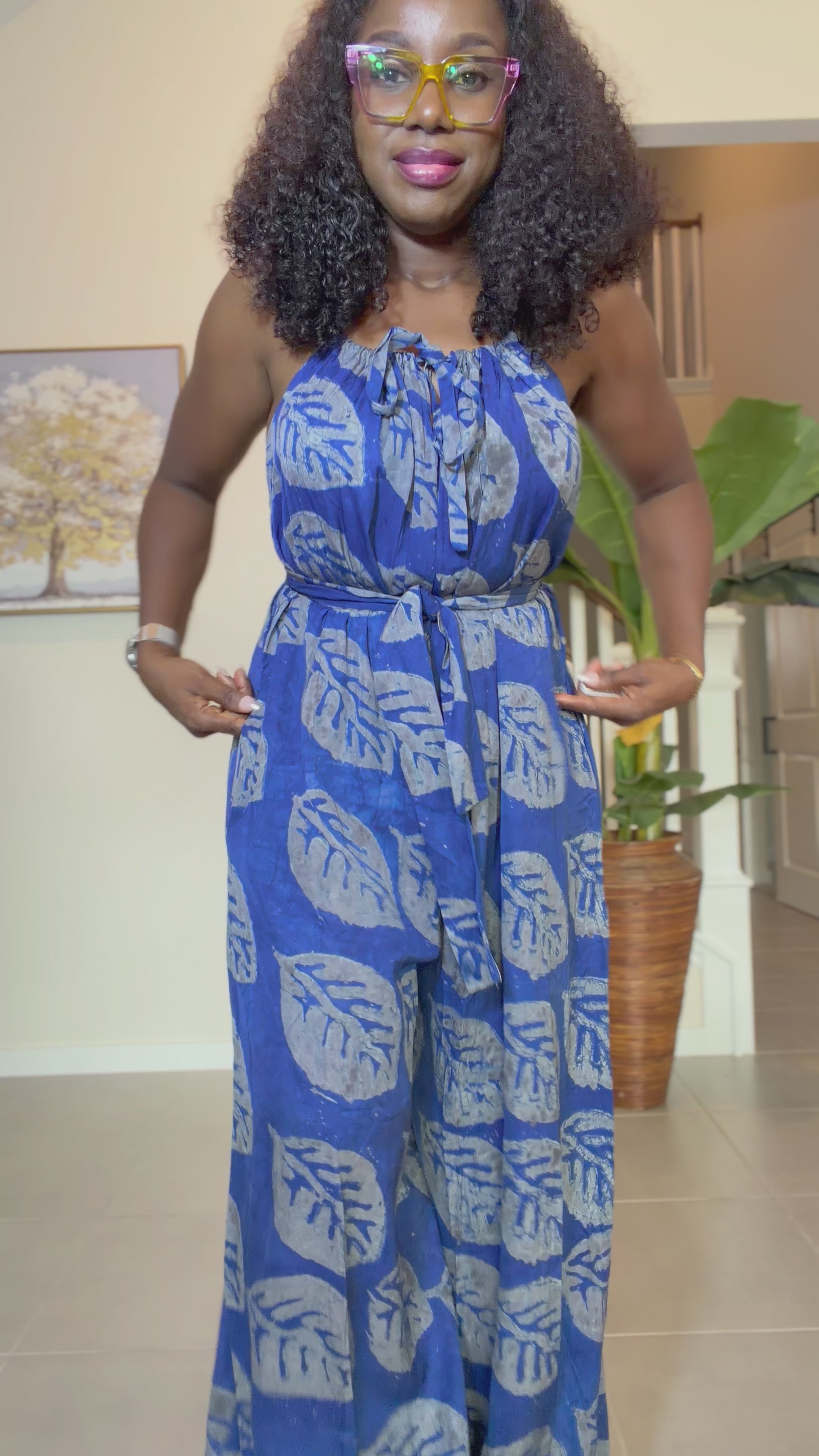 African Adire Blue Jumpsuit with Waist Tie
