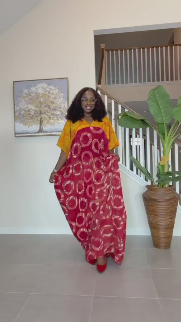 African Kaftan Dress, Red Yellow Adire Batik, Loose Boubou Gown