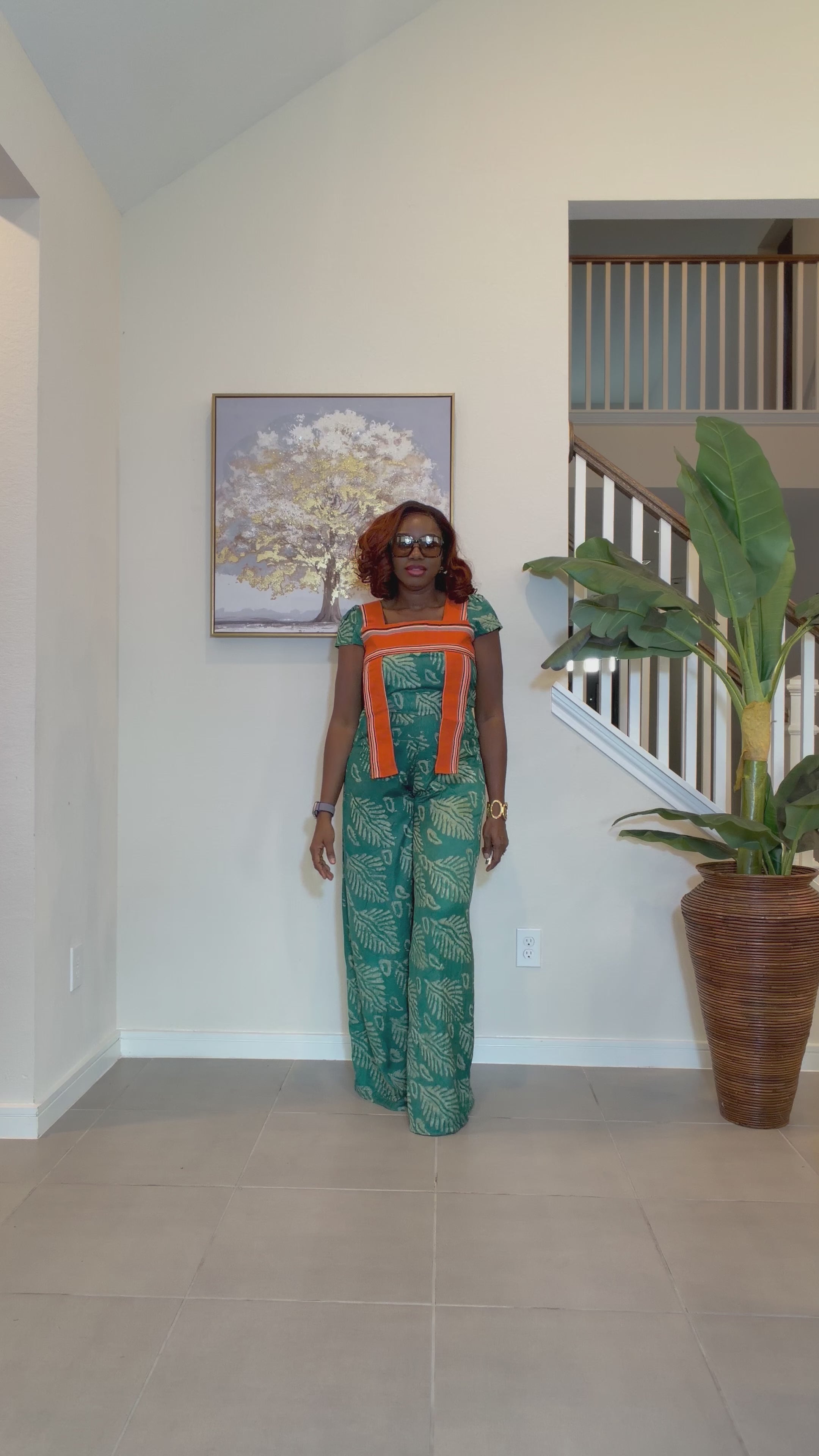 African Print Jumpsuit with Aso Oke, Green Leaf Adire Jumpsuit, Wide‑Leg One‑Piece